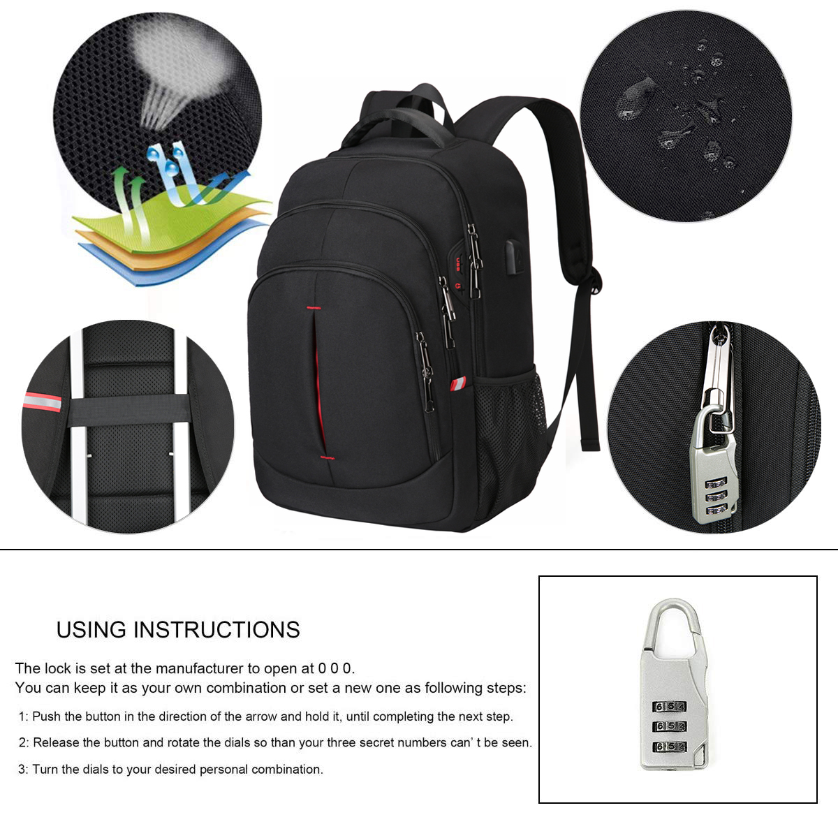 Mens Laptop Backpack Waterproof Large Rucksack Notebook Travel School Bag Black - Picture 31 of 77