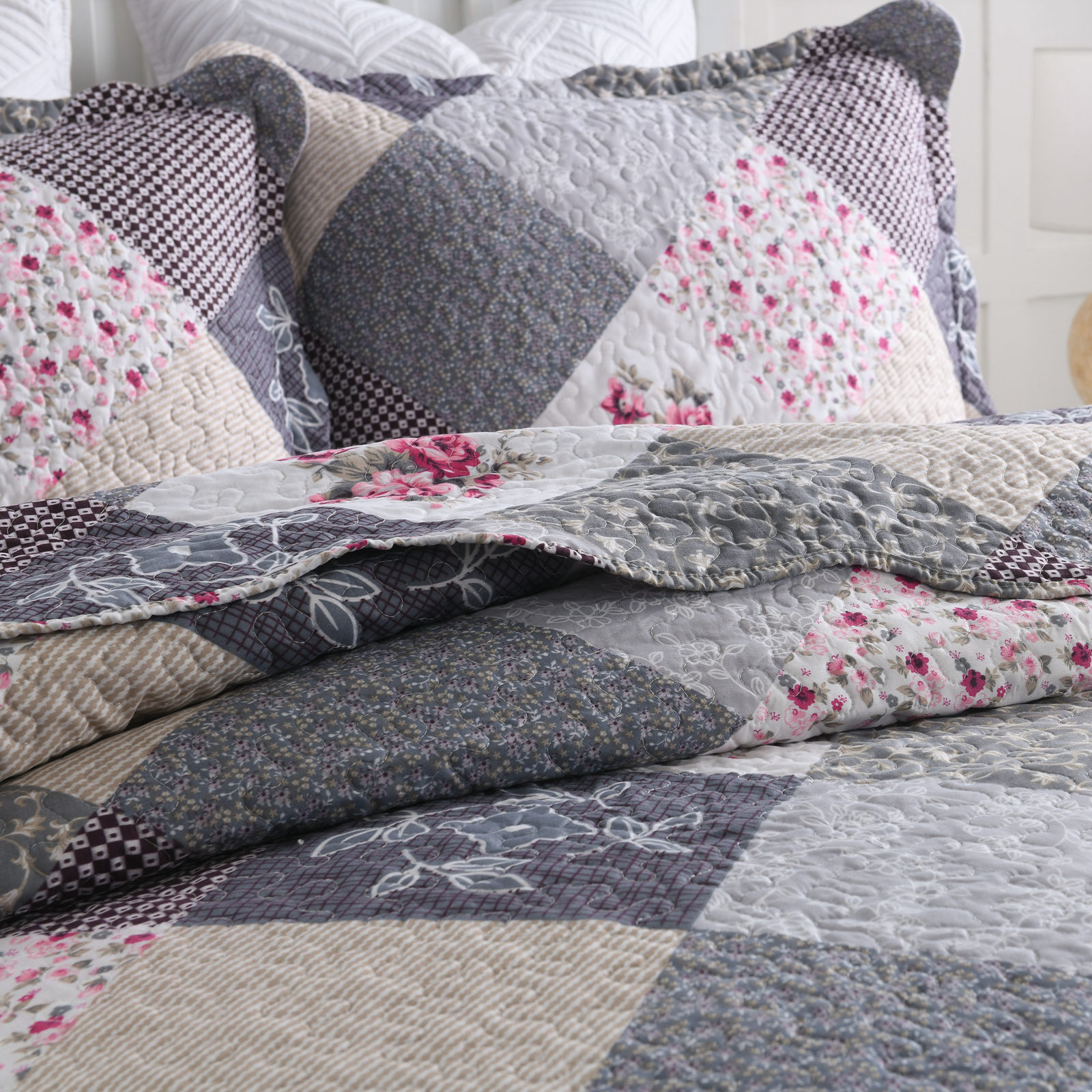 3 Piece Vintage Quilt Set Reversible Quilt Bedspread Bedding Set Queen King Size - Picture 30 of 36