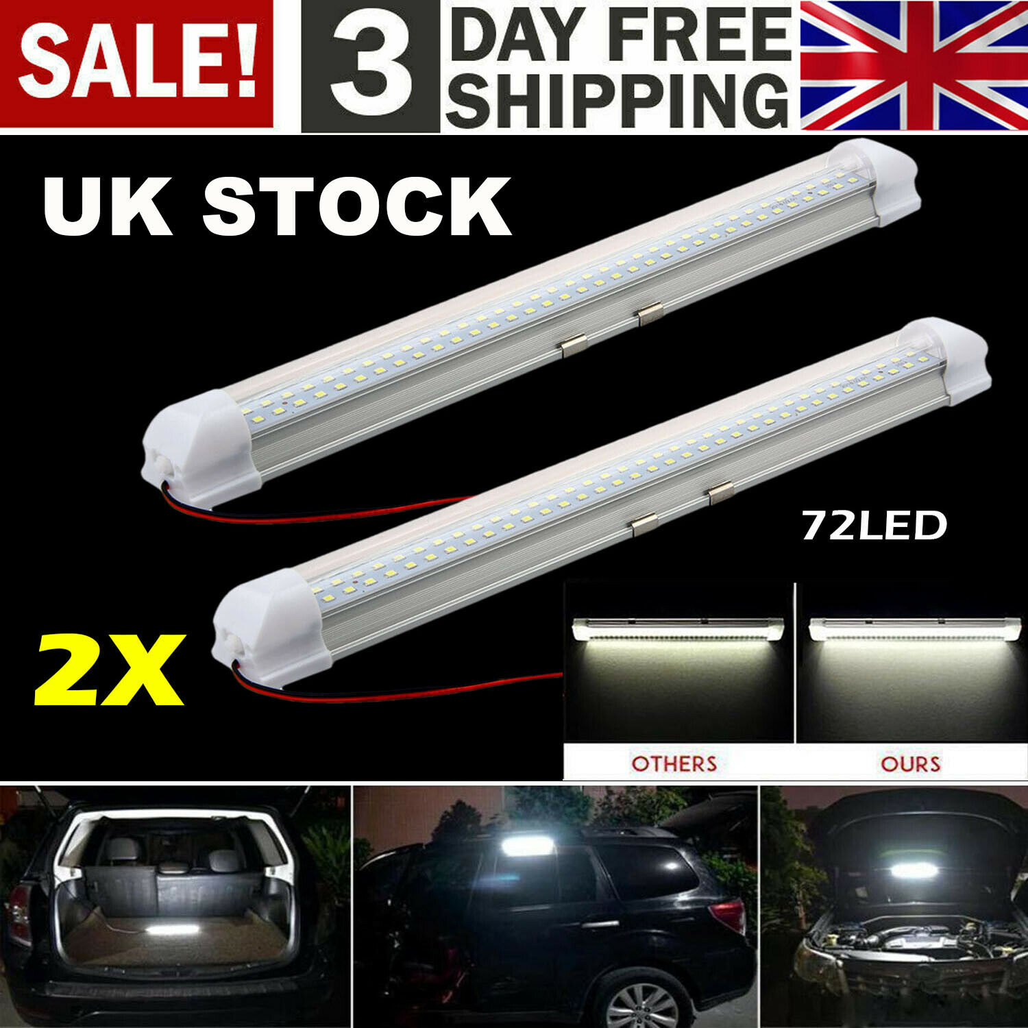 4x 72LED Interior Lights Strip Bar Car Van Bus Caravan 12-24 VOLT ON/OFF Switch