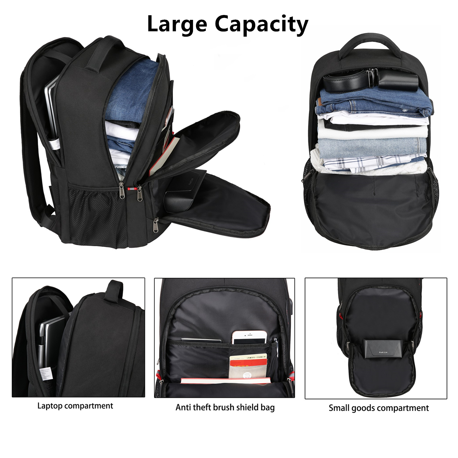 Mens Laptop Backpack Waterproof Large Rucksack Notebook Travel School Bag Black - Picture 38 of 77
