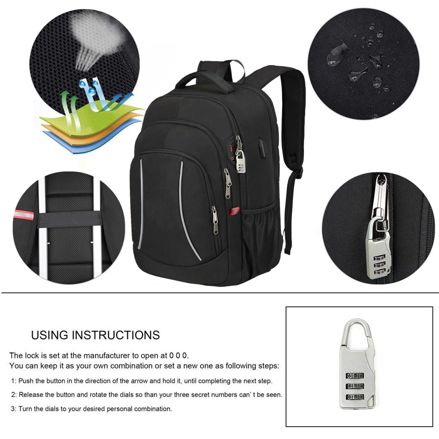 Mens Laptop Backpack Waterproof Large Rucksack Notebook Travel School Bag Black - Picture 41 of 77