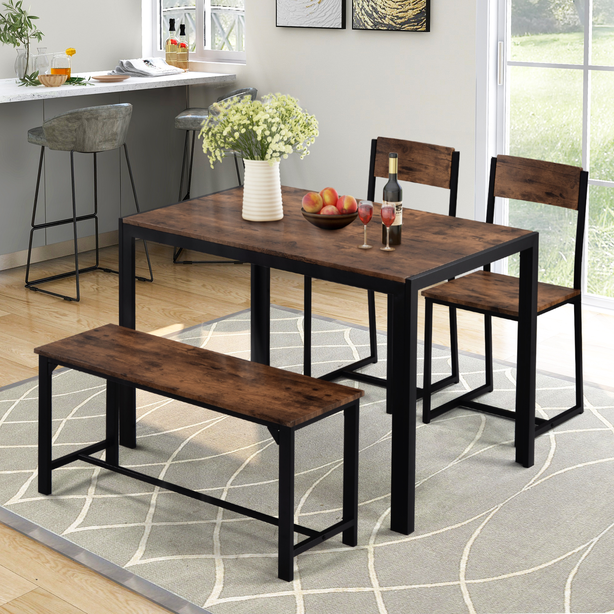 Dining Table and Chairs Set Dining Set Bench Chair Metal Wood Table 2-6 Seaters
