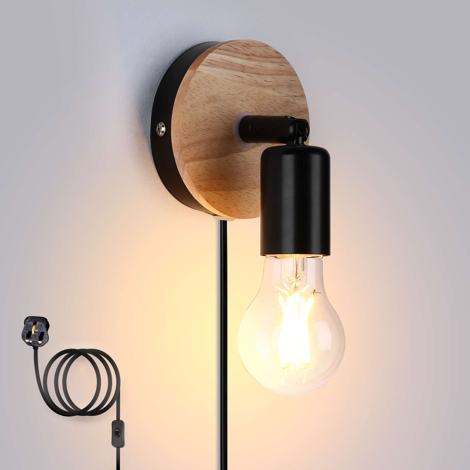 1/2x Industrial Wall Lights with Plug Indoor Wood Wall Lamp Switch 360 Rotation