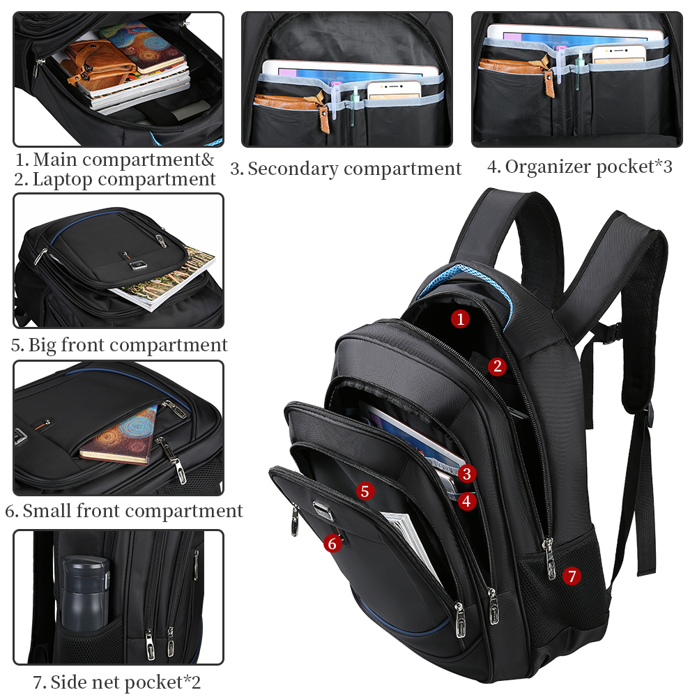 Mens Laptop Backpack Waterproof Large Rucksack Notebook Travel School Bag Black - Picture 77 of 77