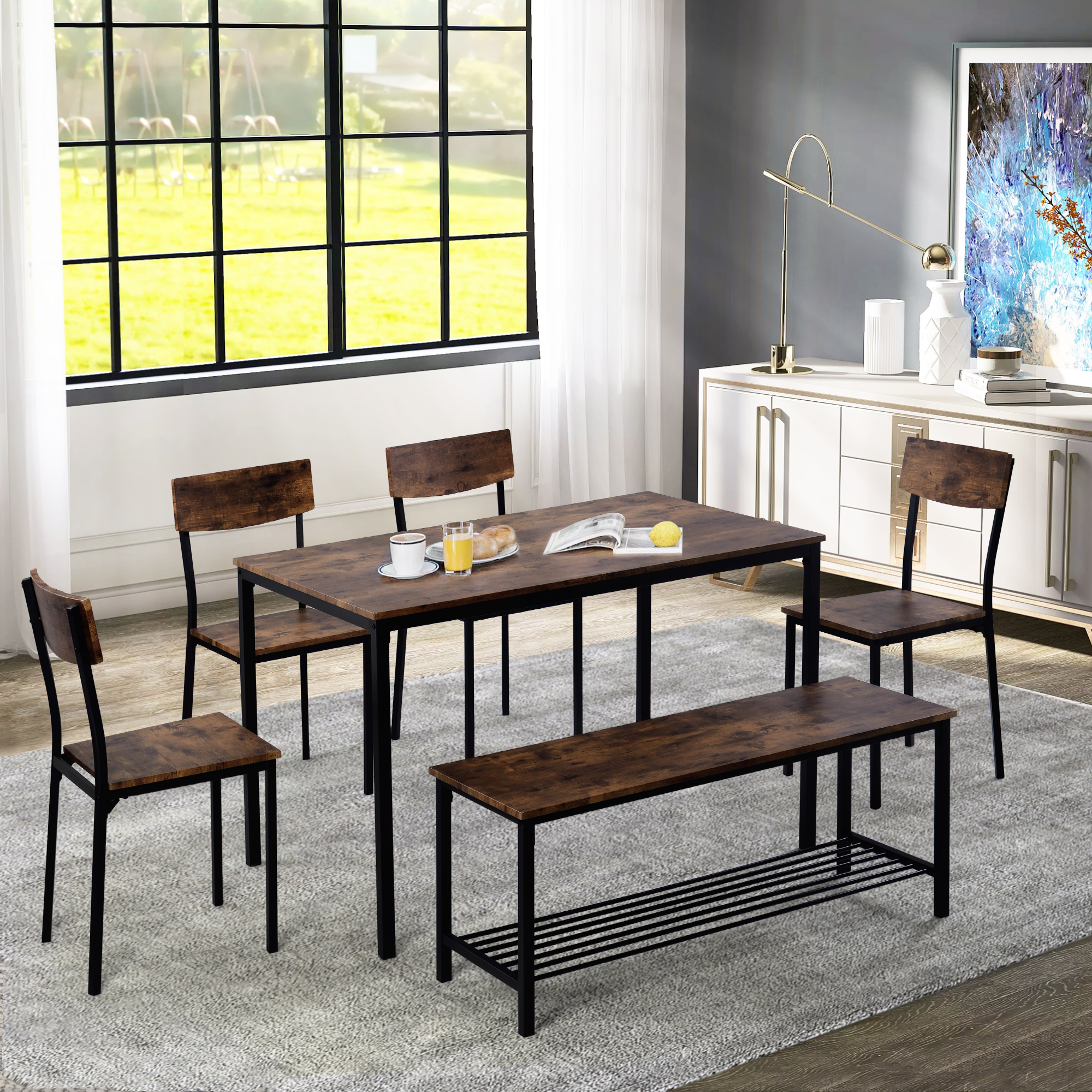 Dining Table and Chairs Set Dining Set Bench Chair Metal Wood Table 2-6 Seaters