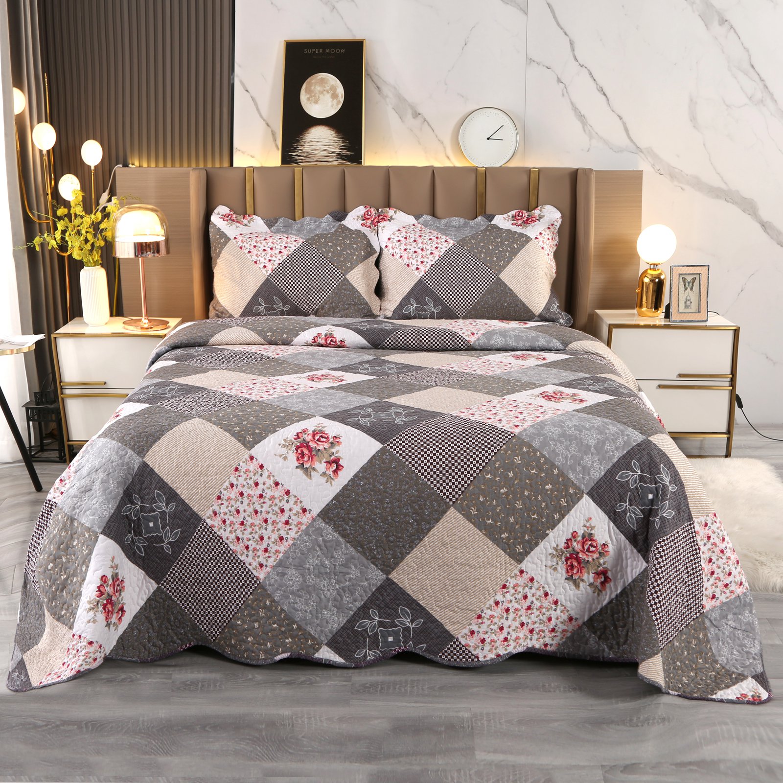 3 Piece Vintage Quilt Set Reversible Quilt Bedspread Bedding Set Queen King Size - Picture 28 of 36