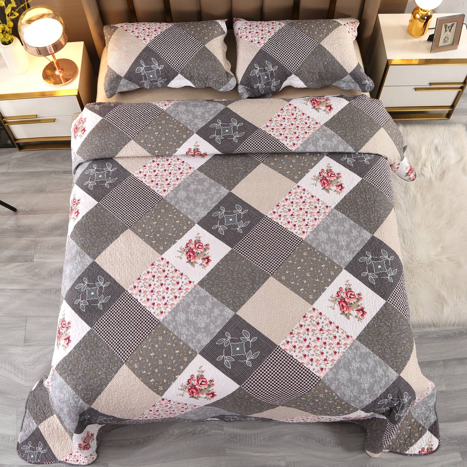3 Piece Vintage Quilt Set Reversible Quilt Bedspread Bedding Set Queen King Size - Picture 29 of 36