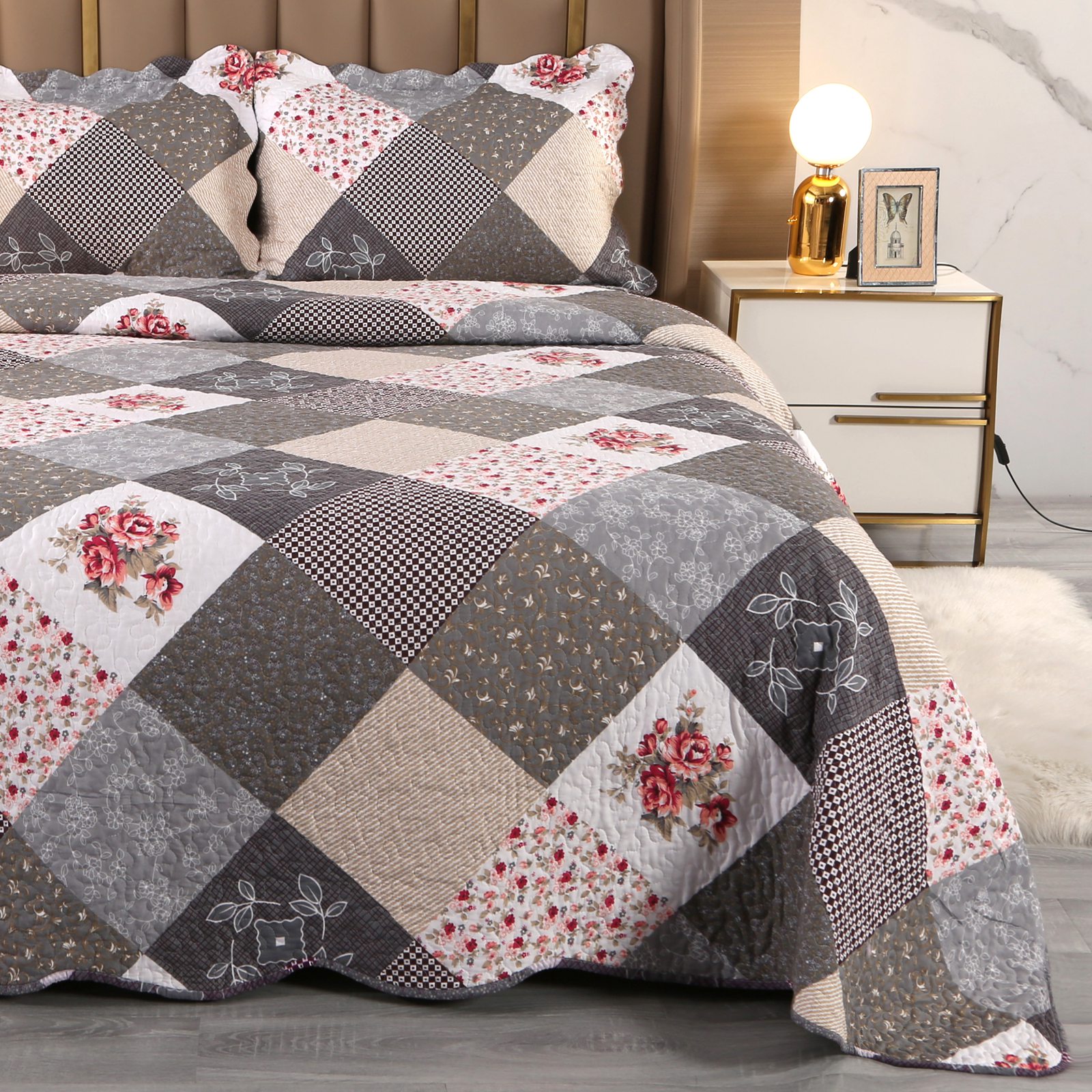 3 Piece Vintage Quilt Set Reversible Quilt Bedspread Bedding Set Queen King Size - Picture 33 of 36