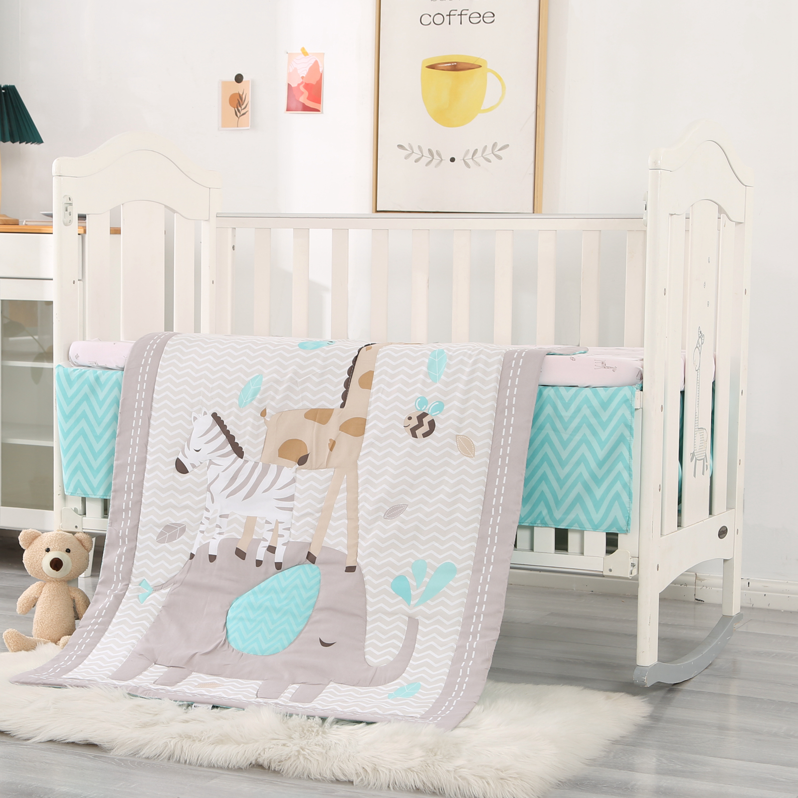 3 Piece Crib Bedding Set Baby Boys Girls Kid Nursery Crib Comforter Skirt Sheet - Picture 31 of 63