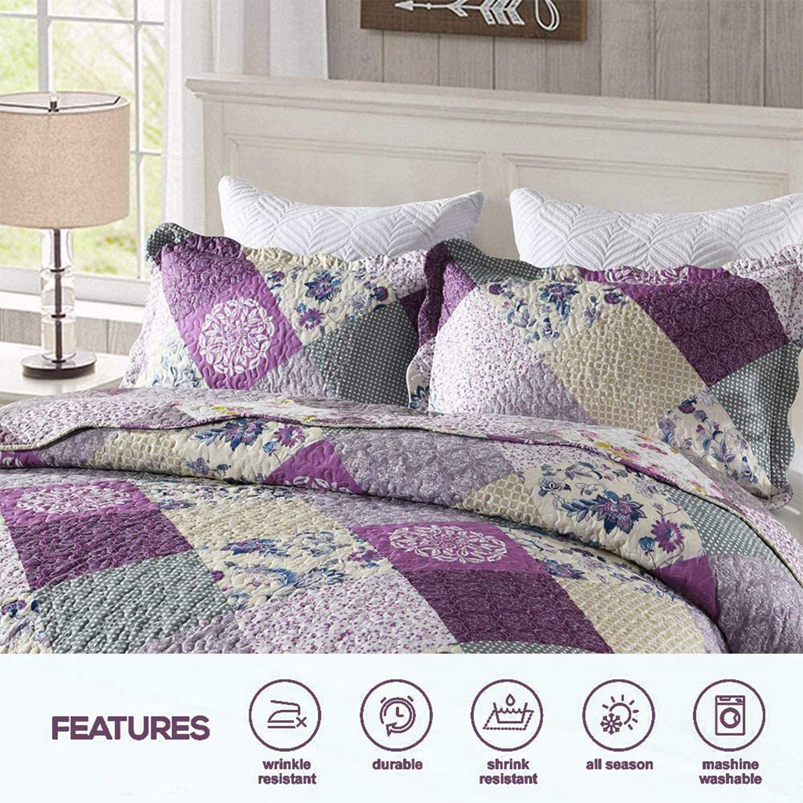 3 Piece Vintage Quilt Set Reversible Quilt Bedspread Bedding Set Queen King Size - Picture 25 of 36
