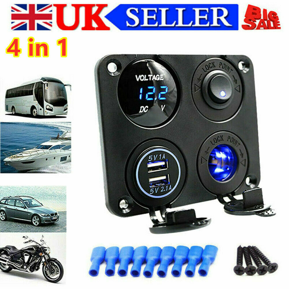 12V/24V Dual USB Car RV Boat Marine Switch Panel LED Voltmeter Cigarette Socket