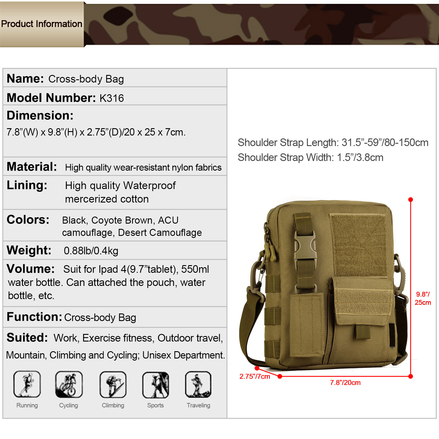 Herren Messenger Schultertasche Taktische Sling Bag Militär Molle Crossbody Pack - Bild 16 von 20