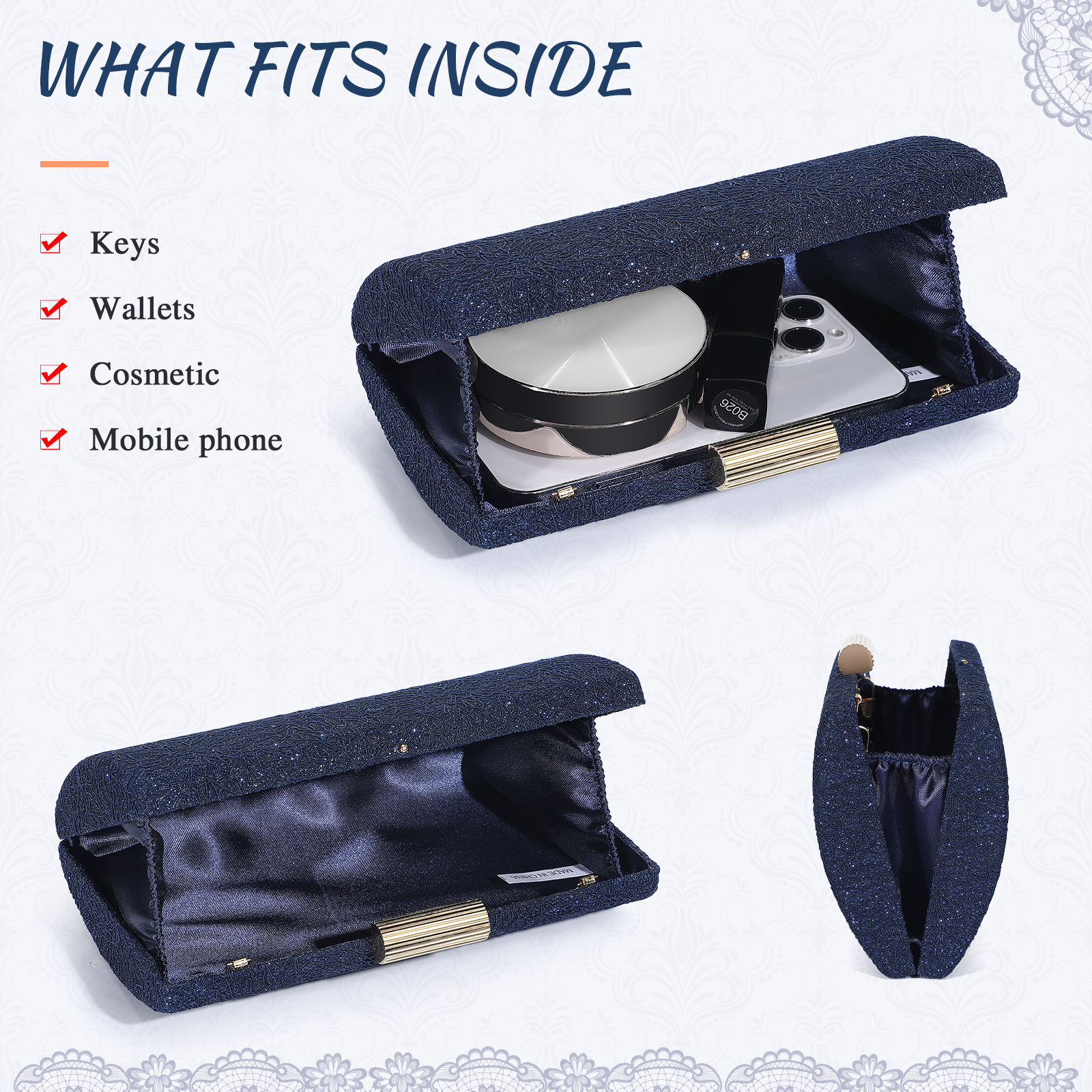 Women's Clutch Purses Box with Unique Lace Pattern Evening Bag Party Handbags - Picture 10 of 14