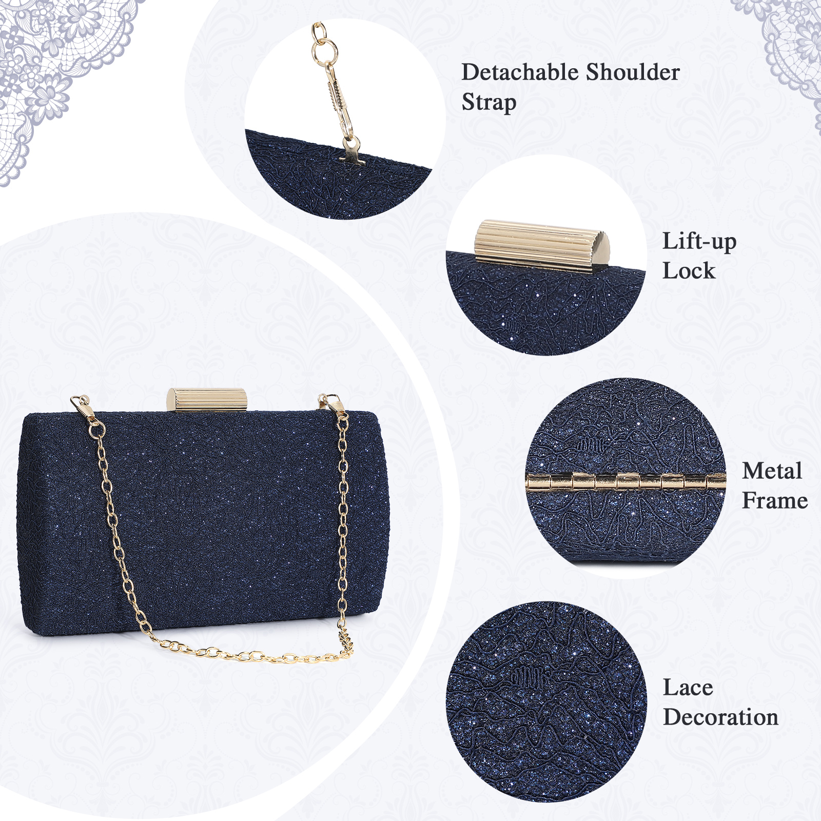 Women's Clutch Purses Box with Unique Lace Pattern Evening Bag Party Handbags - Picture 11 of 14