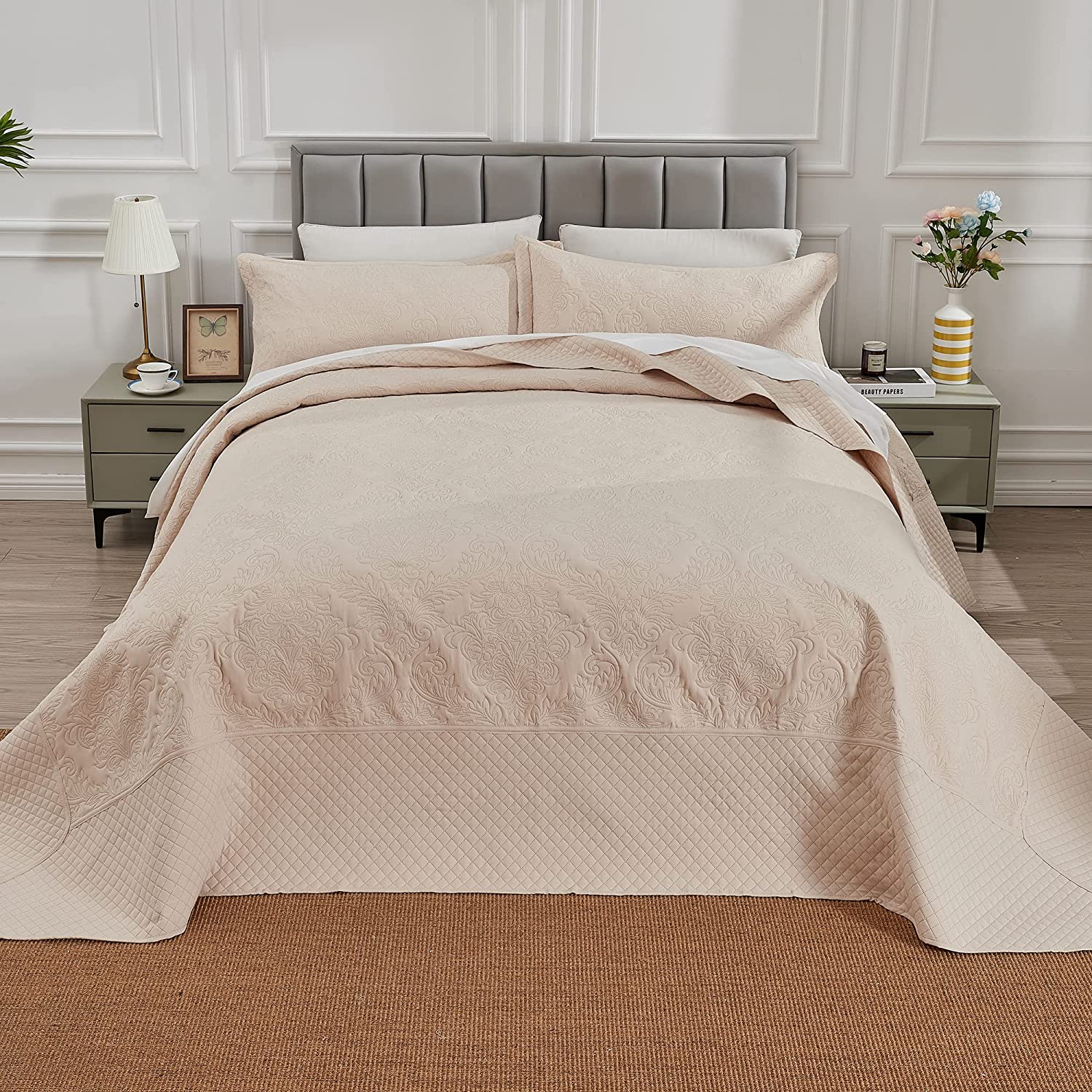 3-teilig Übergröße King California Tagesdecke Quilt Bettwäsche Bettdecken Set Beige - Bild 13 von 14