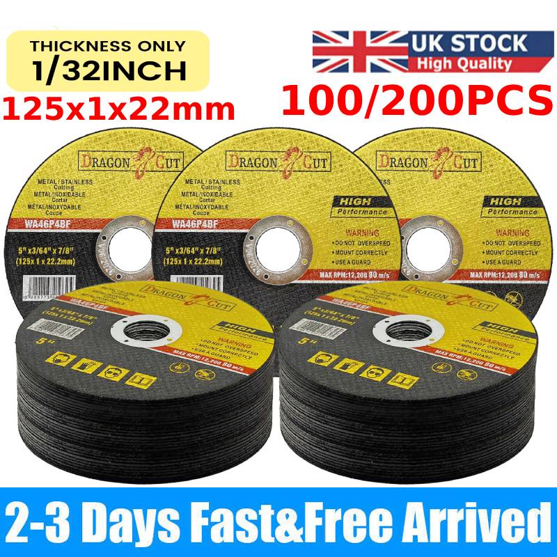 100/200PCS 5" 125mm x 1mm x 22.2mm Thin Stainless Steel Metal Cutting Discs NEW