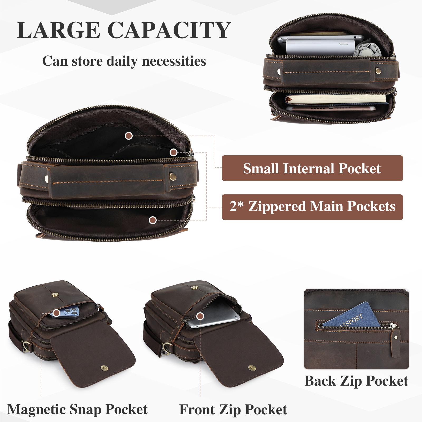 Retro Men Genuine Leather Messenger Shoulder Bag Cross Body Travel Business Bag - Picture 52 of 63
