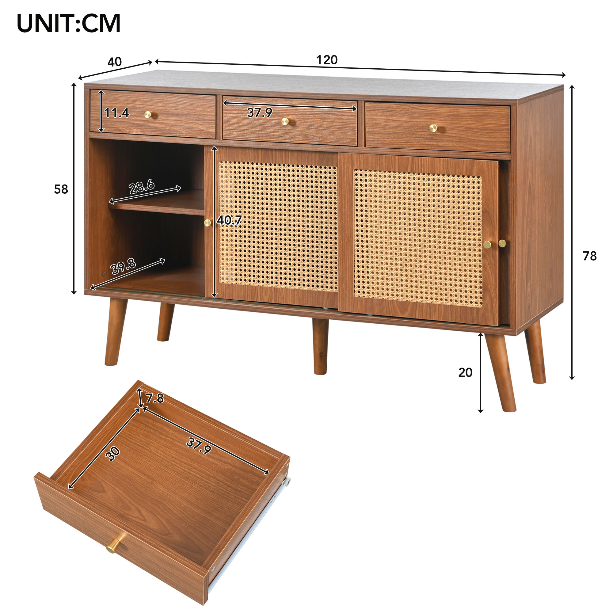 Sideboard, Kommode mit Schubladen und Türen Anrichte Holz Schrank Küchenschrank