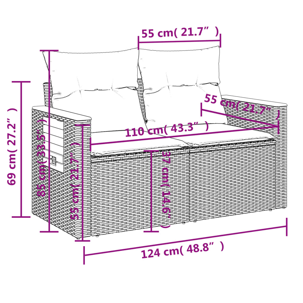 Gartensofa mit Kissen 2-Sitzer Sofa Poly Rattan Gartenmöbel Lounge Sitzgruppe - Bild 42 von 65