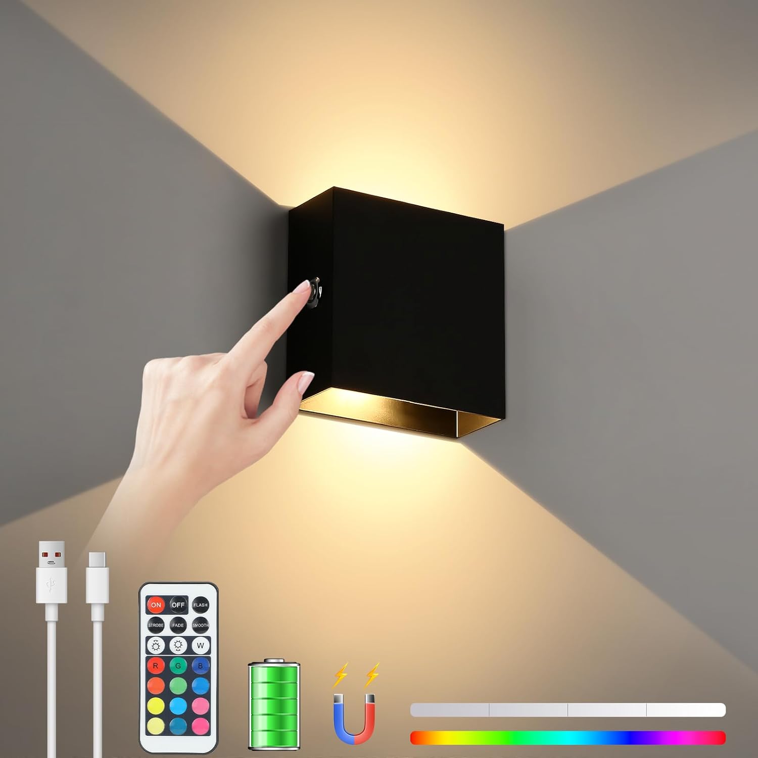 1 2x RGB LED Wall Light Remote Indoor Dimmable Rechargeable Up Down Lamp Sconce - Picture 14 of 15
