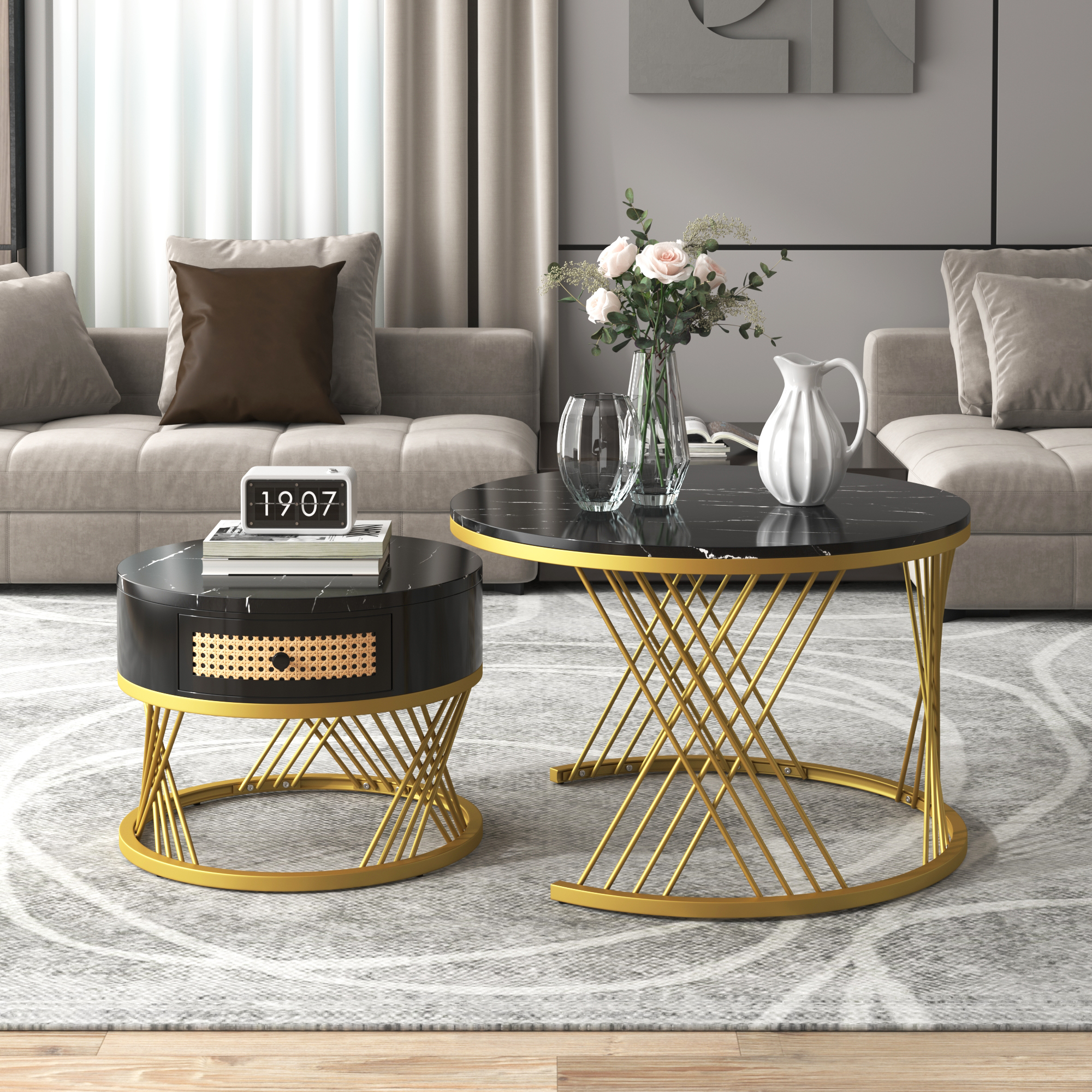 2Pcs Modern Nesting Coffee Table 2-in-1 Detachable Table Set w/ Faux Marble Top - Picture 3 of 48