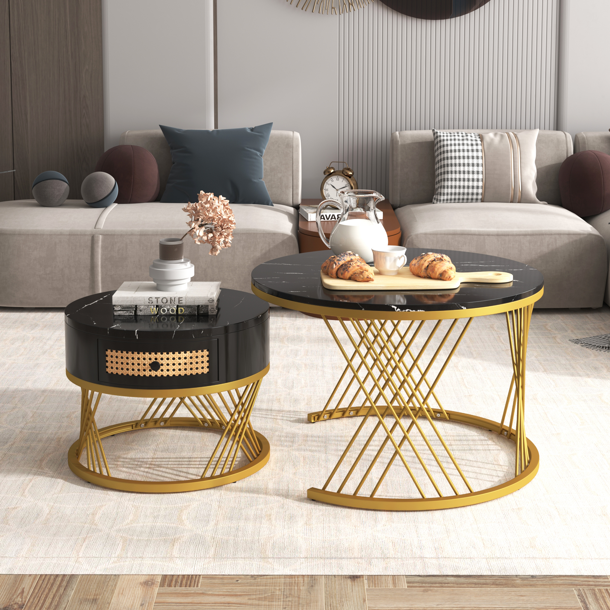 2Pcs Modern Nesting Coffee Table 2-in-1 Detachable Table Set w/ Faux Marble Top - Picture 6 of 48