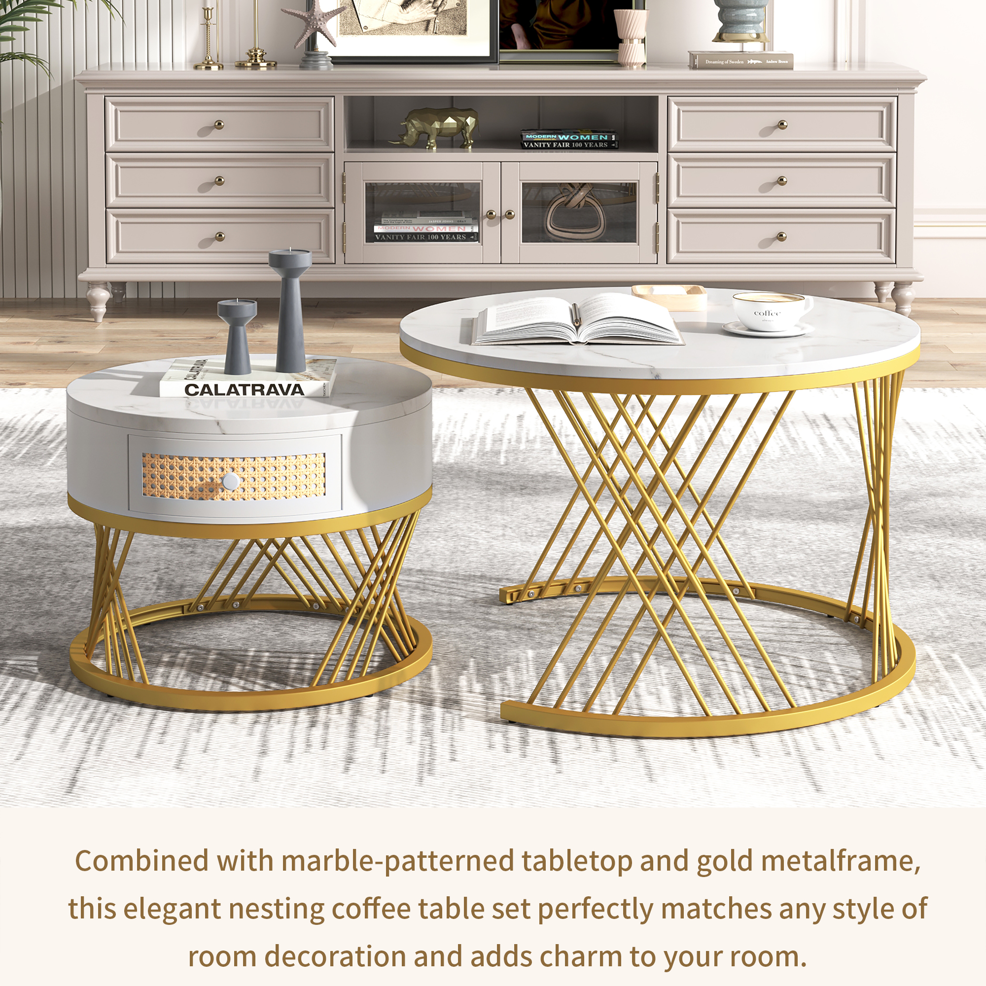 2Pcs Modern Nesting Coffee Table 2-in-1 Detachable Table Set w/ Faux Marble Top - Picture 16 of 48