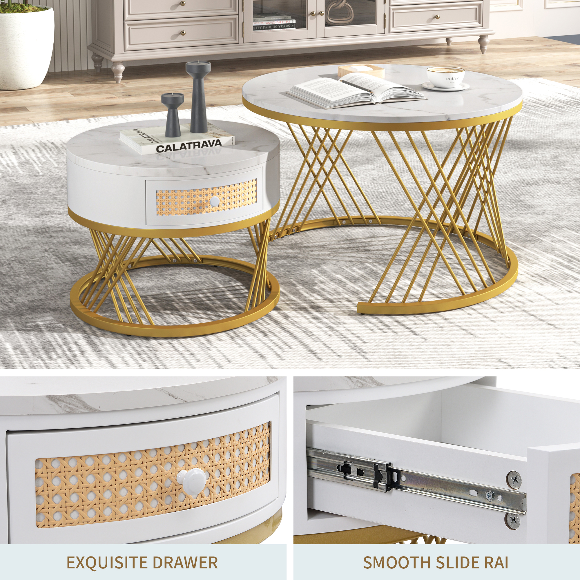 2Pcs Modern Nesting Coffee Table 2-in-1 Detachable Table Set w/ Faux Marble Top - Picture 20 of 48