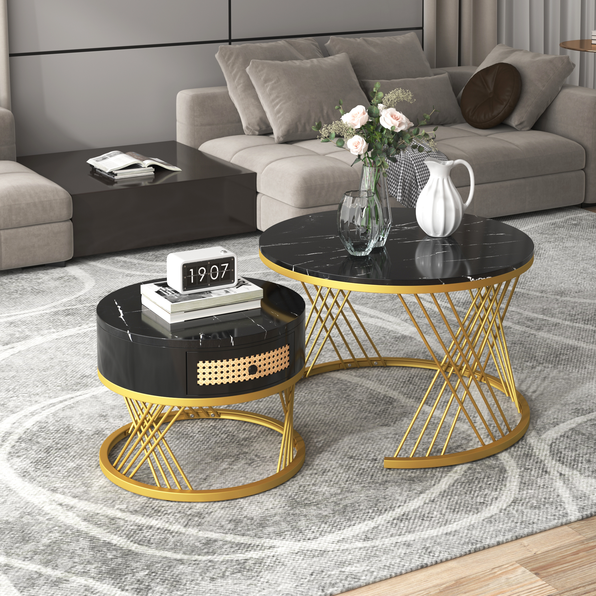 2Pcs Modern Nesting Coffee Table 2-in-1 Detachable Table Set w/ Faux Marble Top - Picture 12 of 48