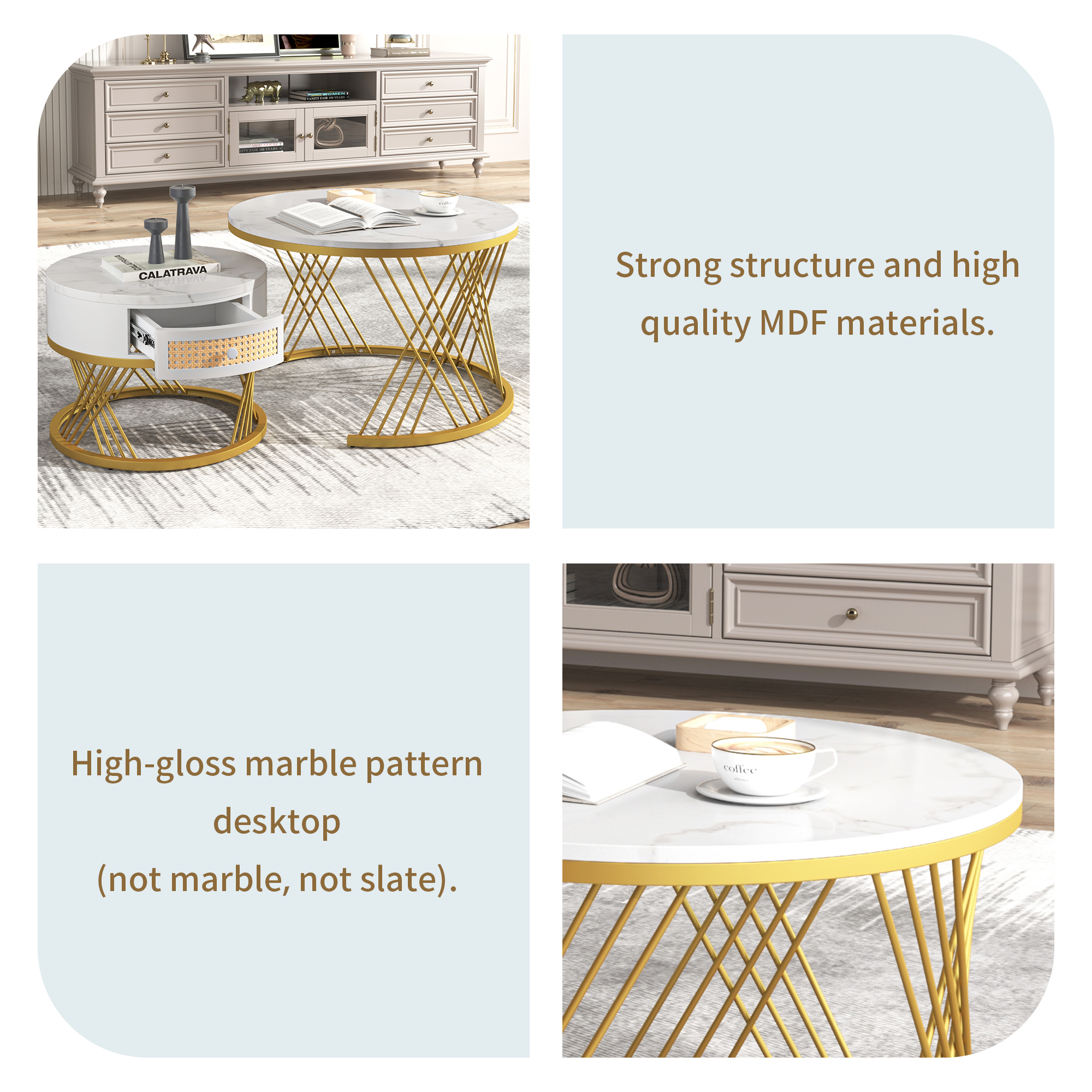 2Pcs Modern Nesting Coffee Table 2-in-1 Detachable Table Set w/ Faux Marble Top - Picture 21 of 48