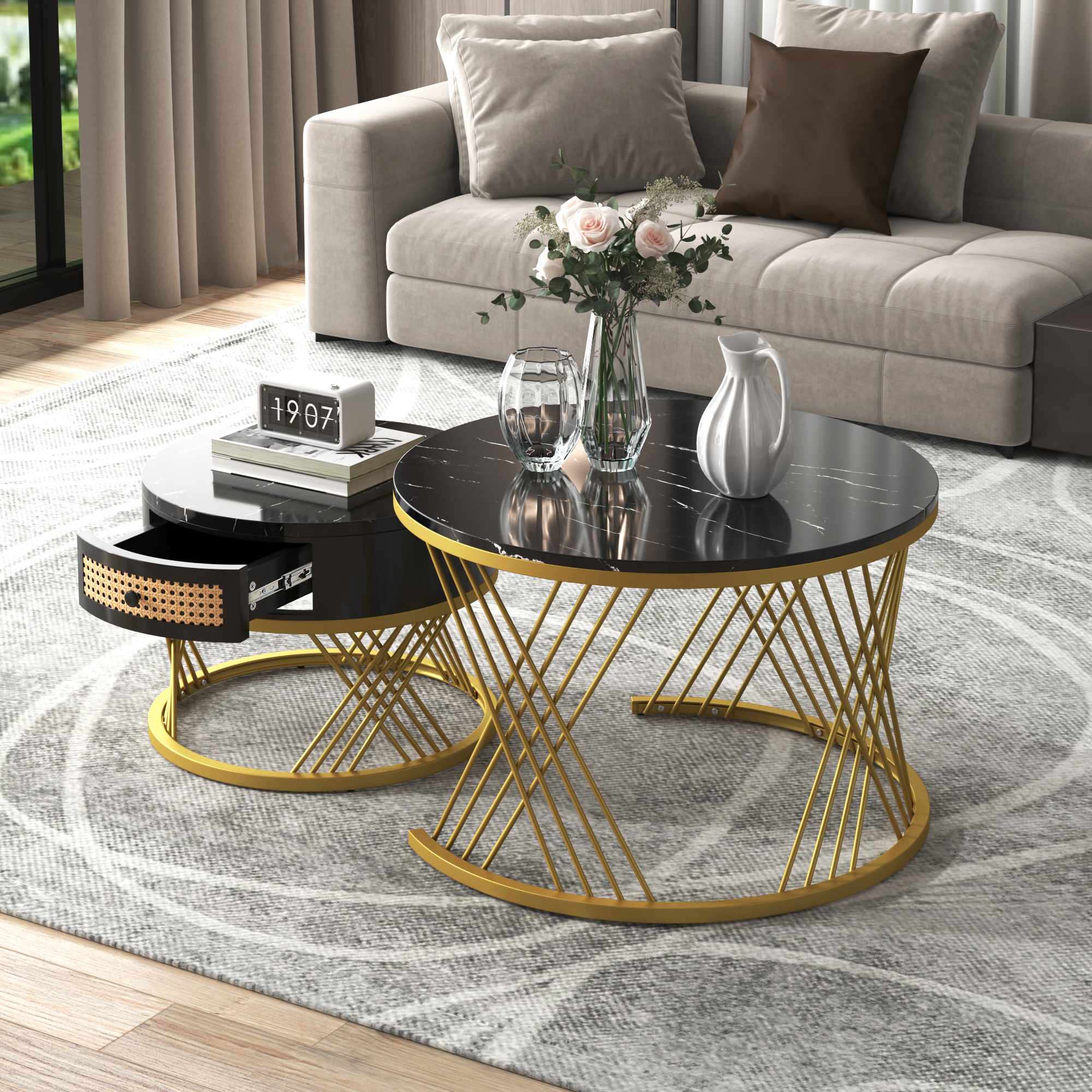 2Pcs Modern Nesting Coffee Table 2-in-1 Detachable Table Set w/ Faux Marble Top - Picture 9 of 48
