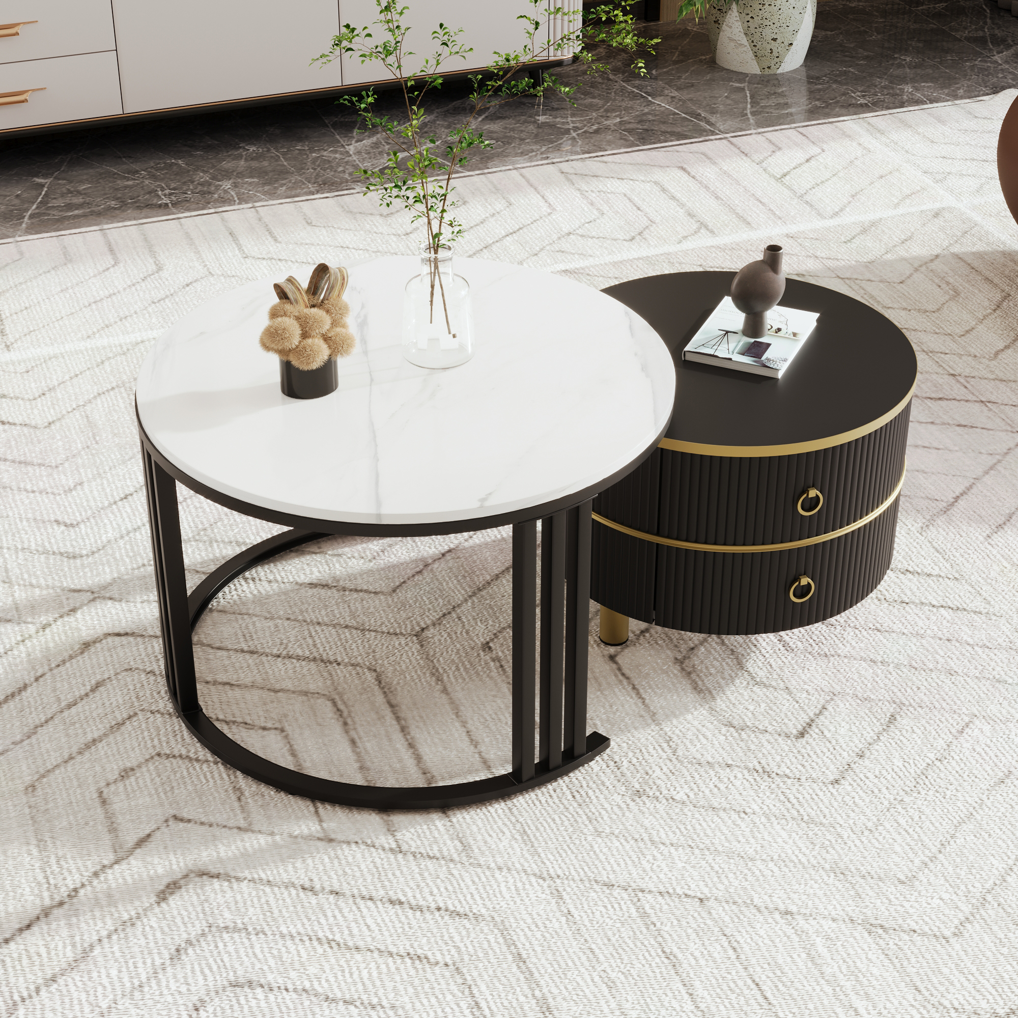 2Pcs Modern Nesting Coffee Table 2-in-1 Detachable Table Set w/ Faux Marble Top - Picture 27 of 48