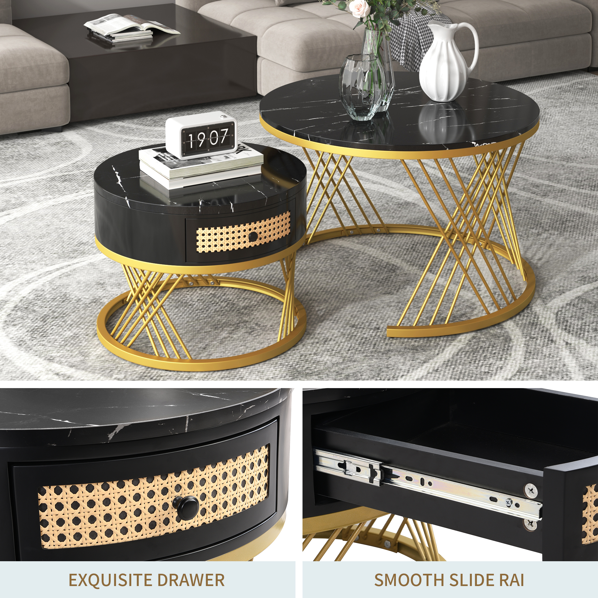2Pcs Modern Nesting Coffee Table 2-in-1 Detachable Table Set w/ Faux Marble Top - Picture 11 of 48