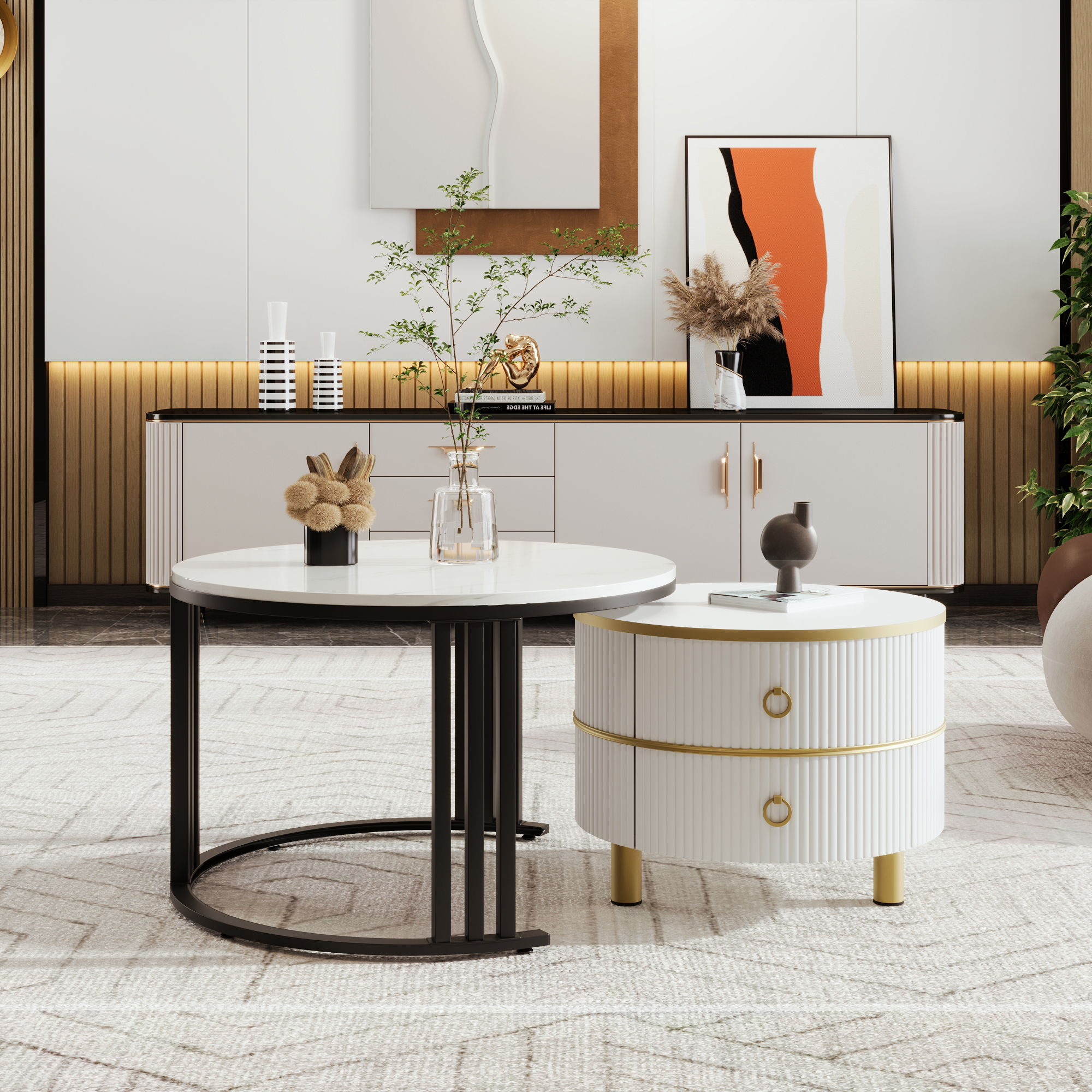 2Pcs Modern Nesting Coffee Table 2-in-1 Detachable Table Set w/ Faux Marble Top - Picture 37 of 48