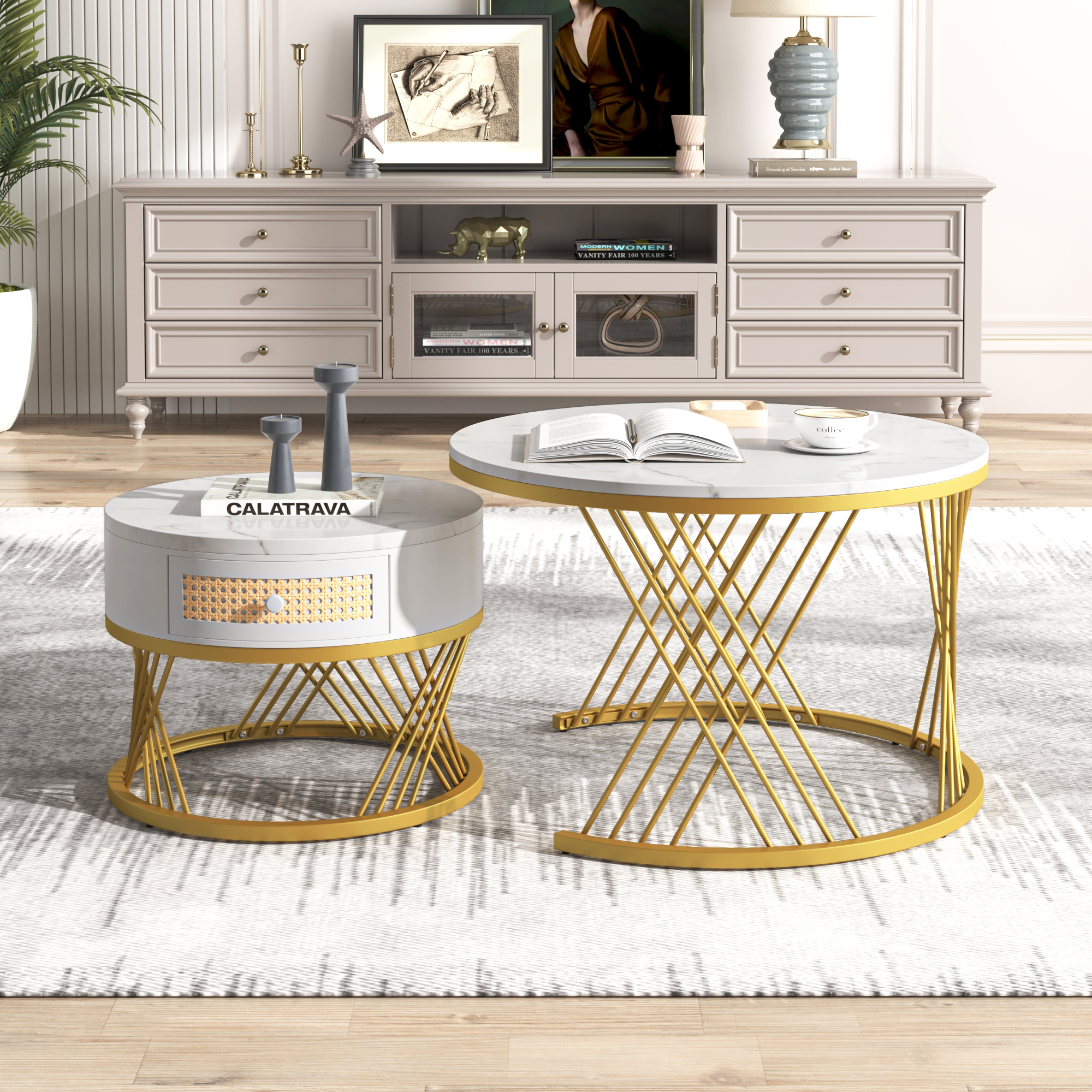 2Pcs Modern Nesting Coffee Table 2-in-1 Detachable Table Set w/ Faux Marble Top - Picture 14 of 48