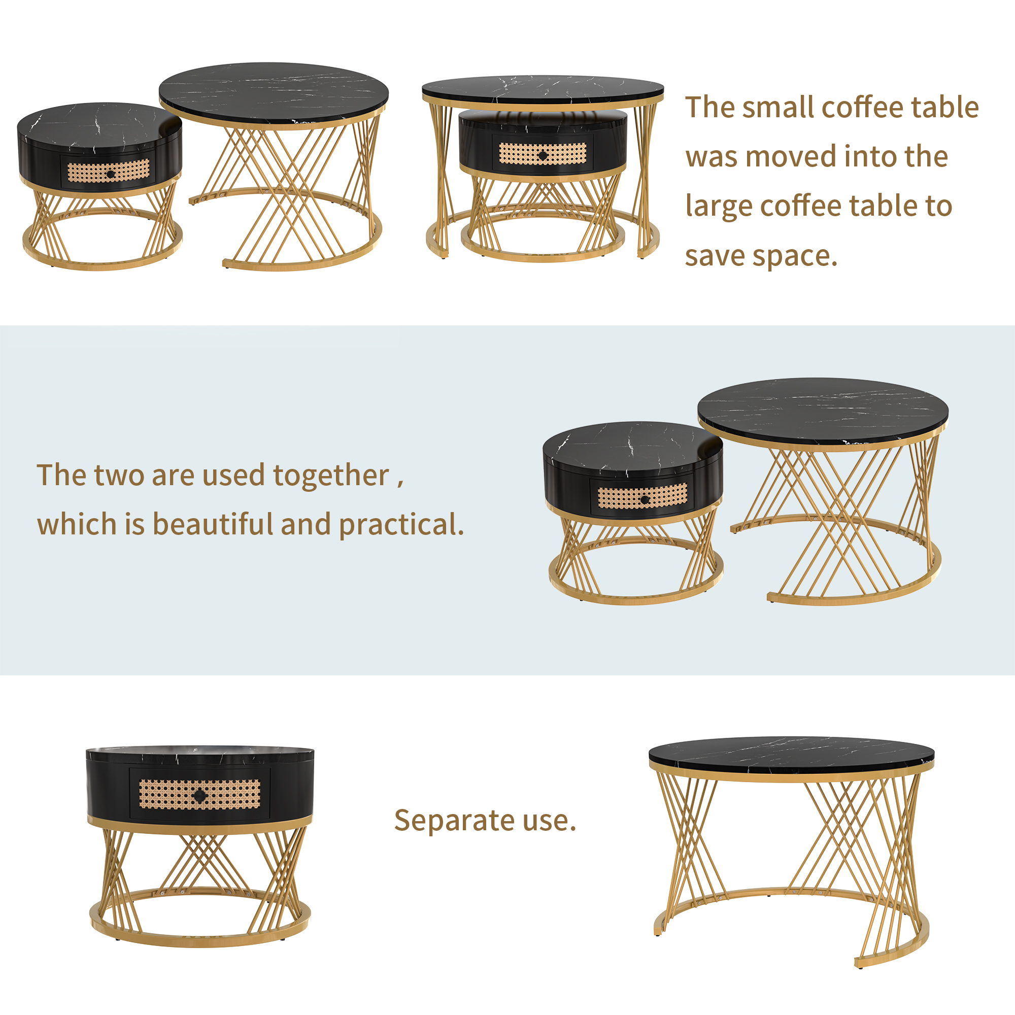 2Pcs Modern Nesting Coffee Table 2-in-1 Detachable Table Set w/ Faux Marble Top - Picture 10 of 48