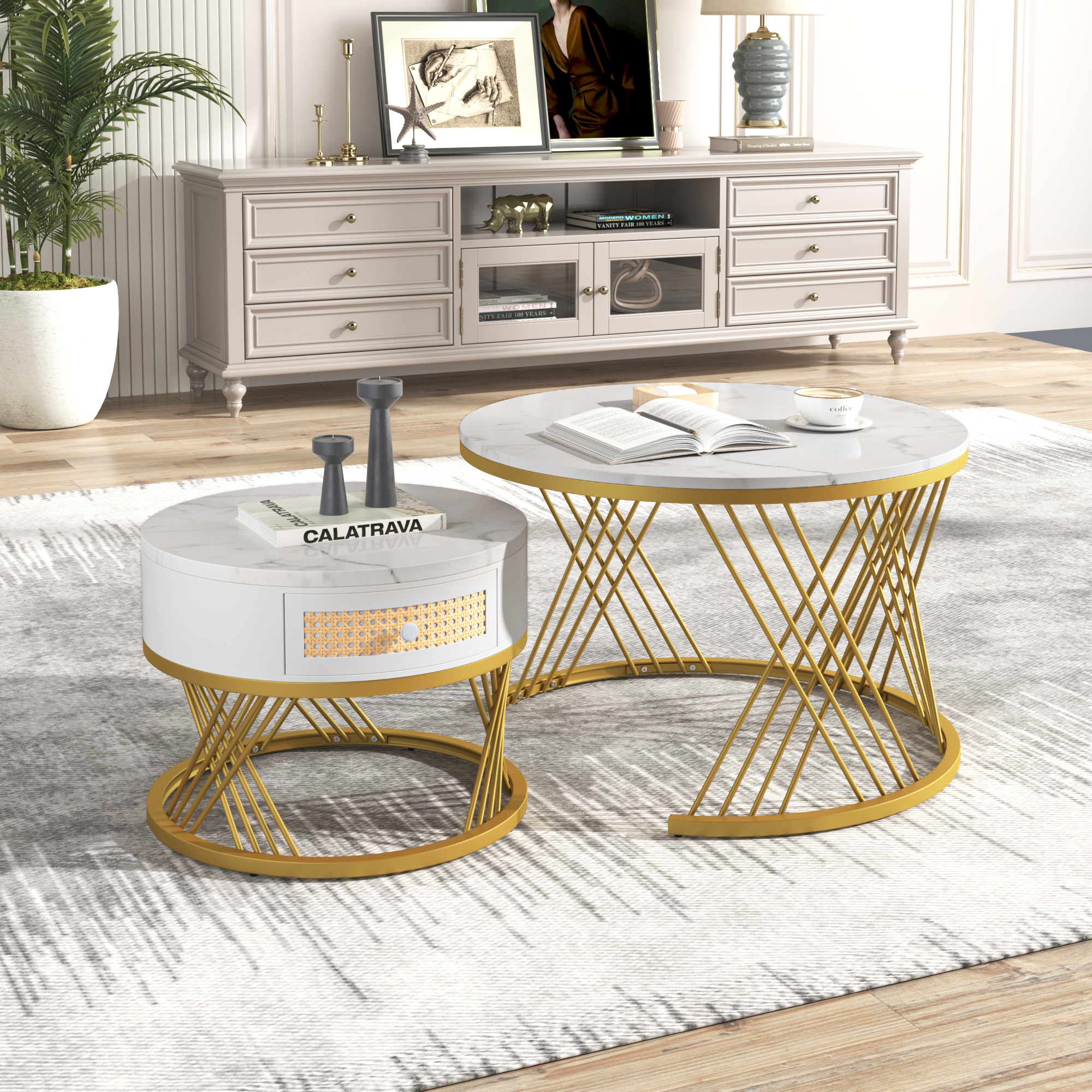 2Pcs Modern Nesting Coffee Table 2-in-1 Detachable Table Set w/ Faux Marble Top - Picture 17 of 48