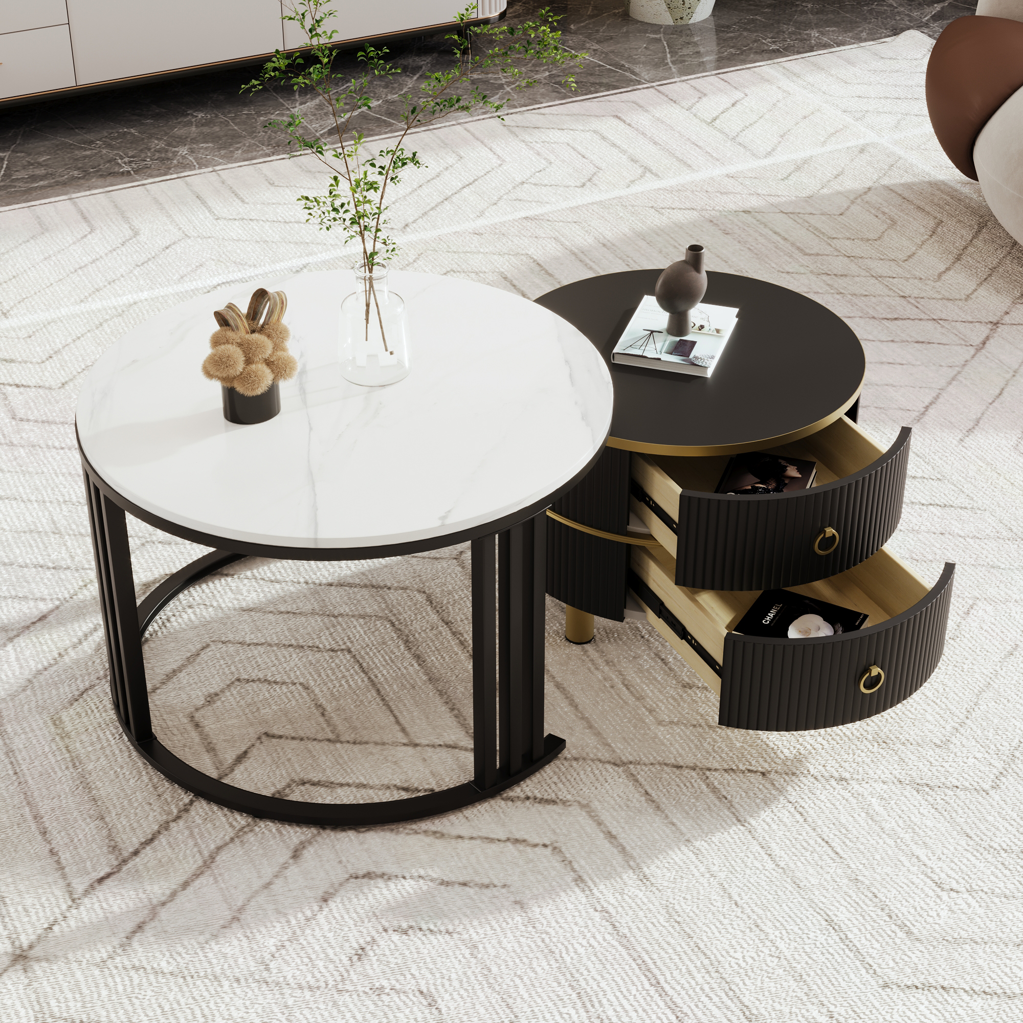 2Pcs Modern Nesting Coffee Table 2-in-1 Detachable Table Set w/ Faux Marble Top - Picture 36 of 48