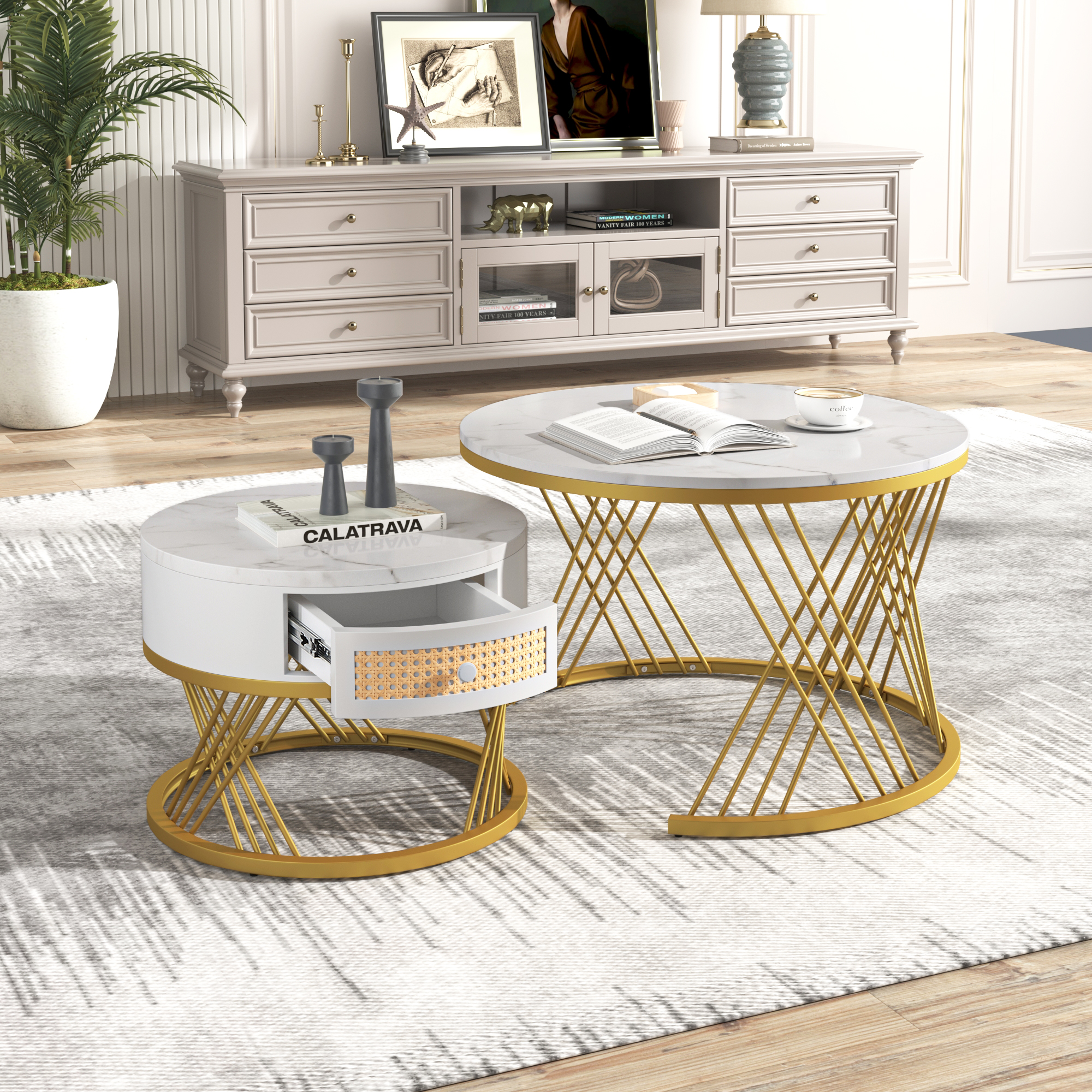 2Pcs Modern Nesting Coffee Table 2-in-1 Detachable Table Set w/ Faux Marble Top - Picture 23 of 48