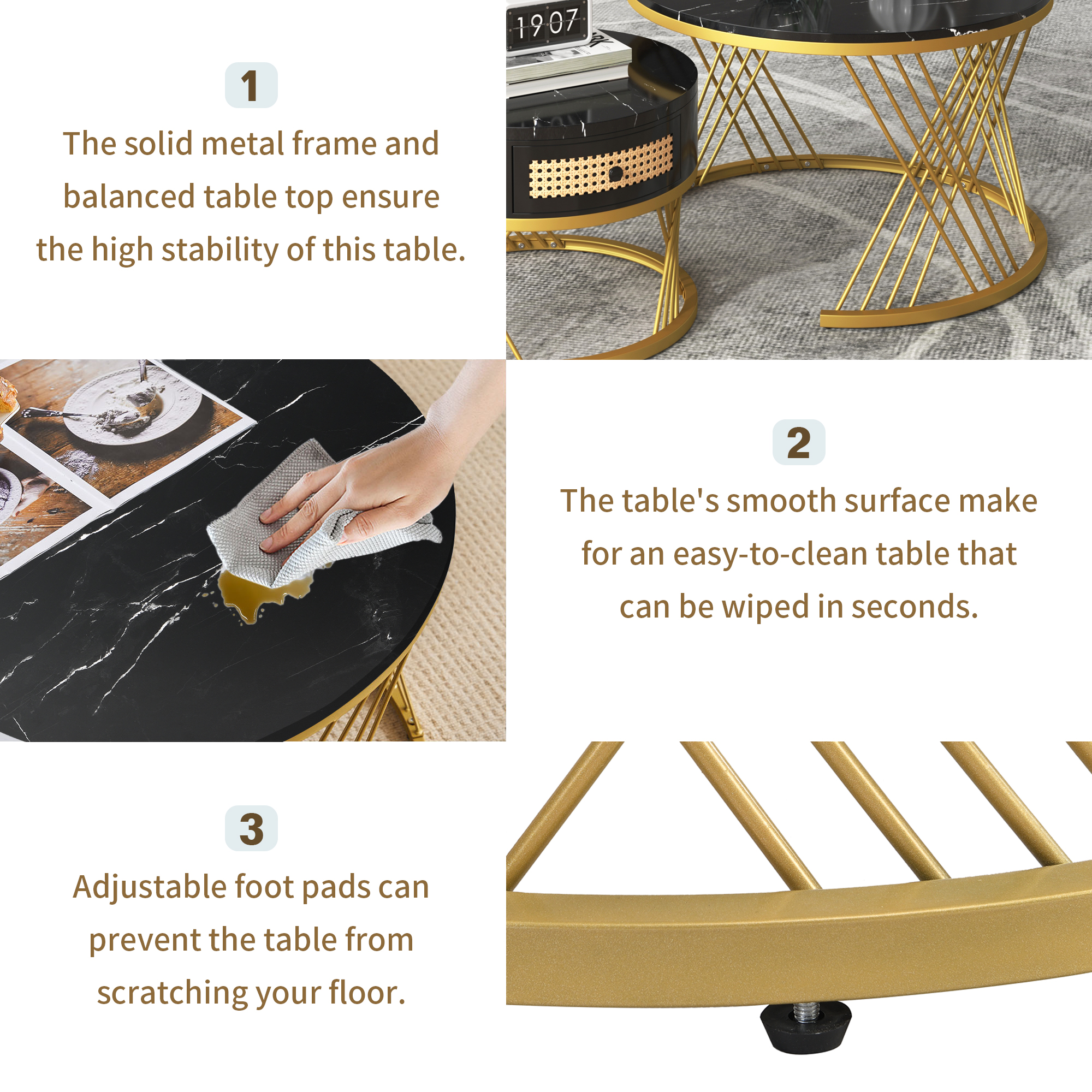 2Pcs Modern Nesting Coffee Table 2-in-1 Detachable Table Set w/ Faux Marble Top - Picture 4 of 48
