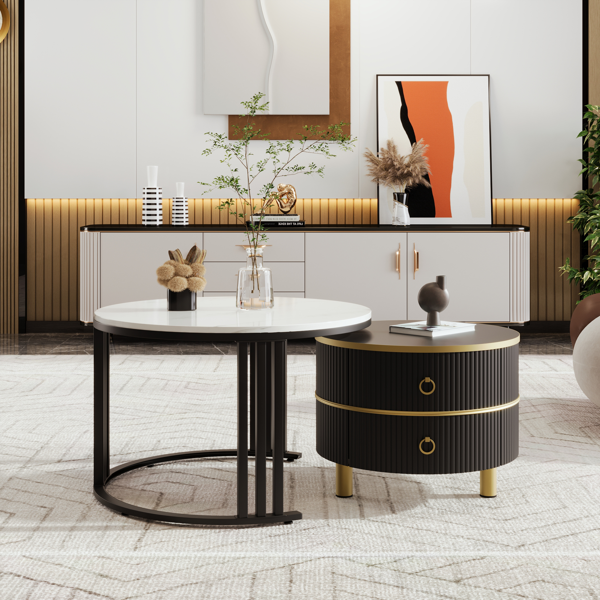 2Pcs Modern Nesting Coffee Table 2-in-1 Detachable Table Set w/ Faux Marble Top - Picture 26 of 48