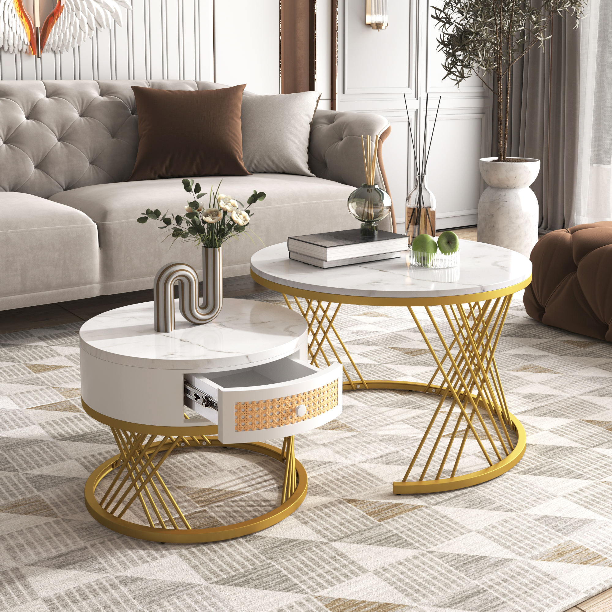2Pcs Modern Nesting Coffee Table 2-in-1 Detachable Table Set w/ Faux Marble Top - Picture 22 of 48