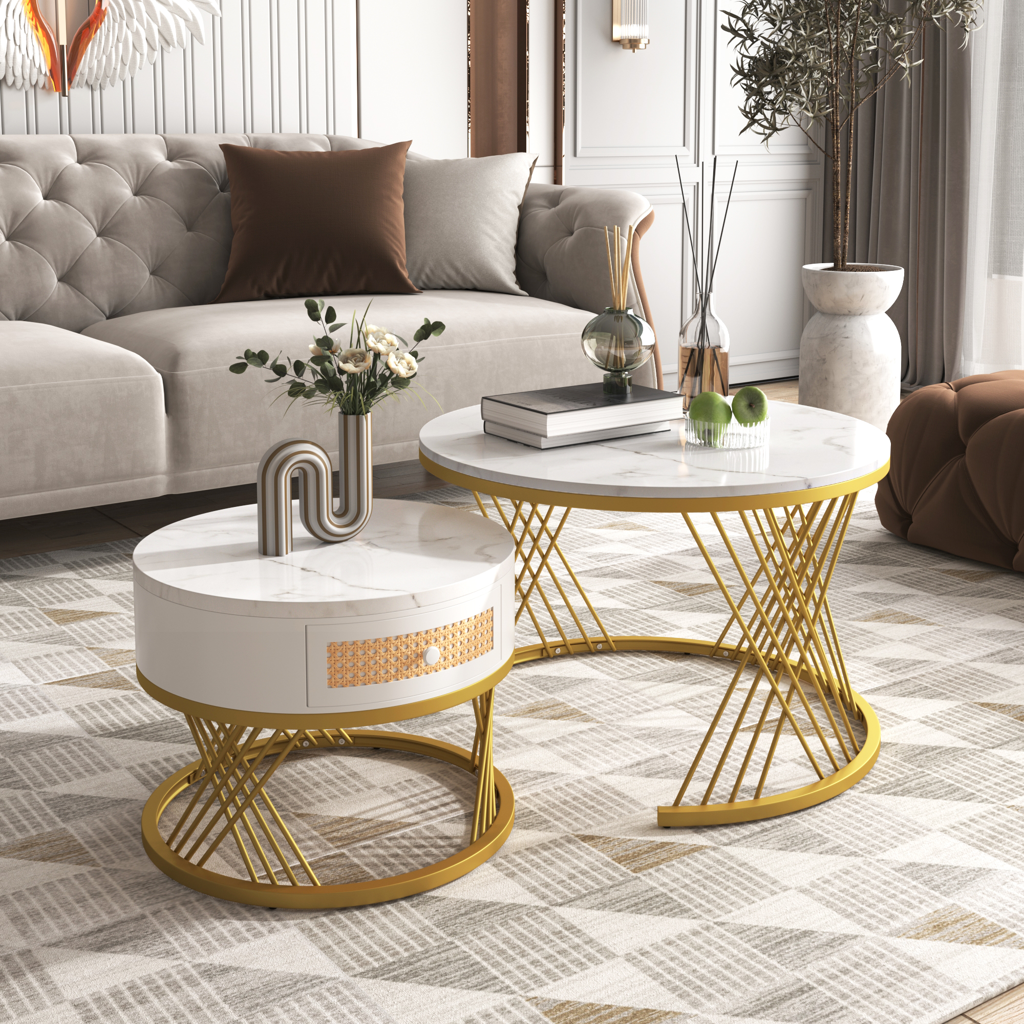 2Pcs Modern Nesting Coffee Table 2-in-1 Detachable Table Set w/ Faux Marble Top - Picture 24 of 48