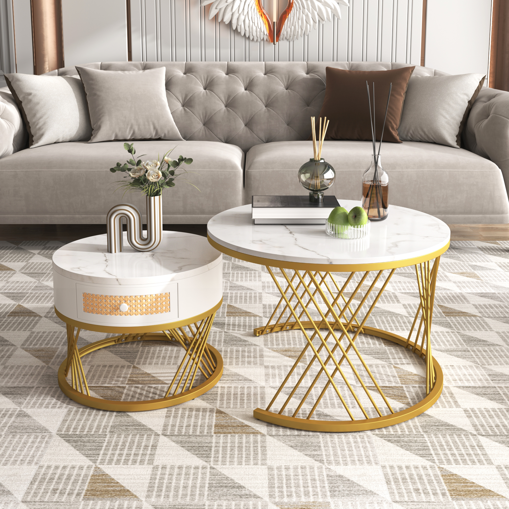 2Pcs Modern Nesting Coffee Table 2-in-1 Detachable Table Set w/ Faux Marble Top - Picture 15 of 48