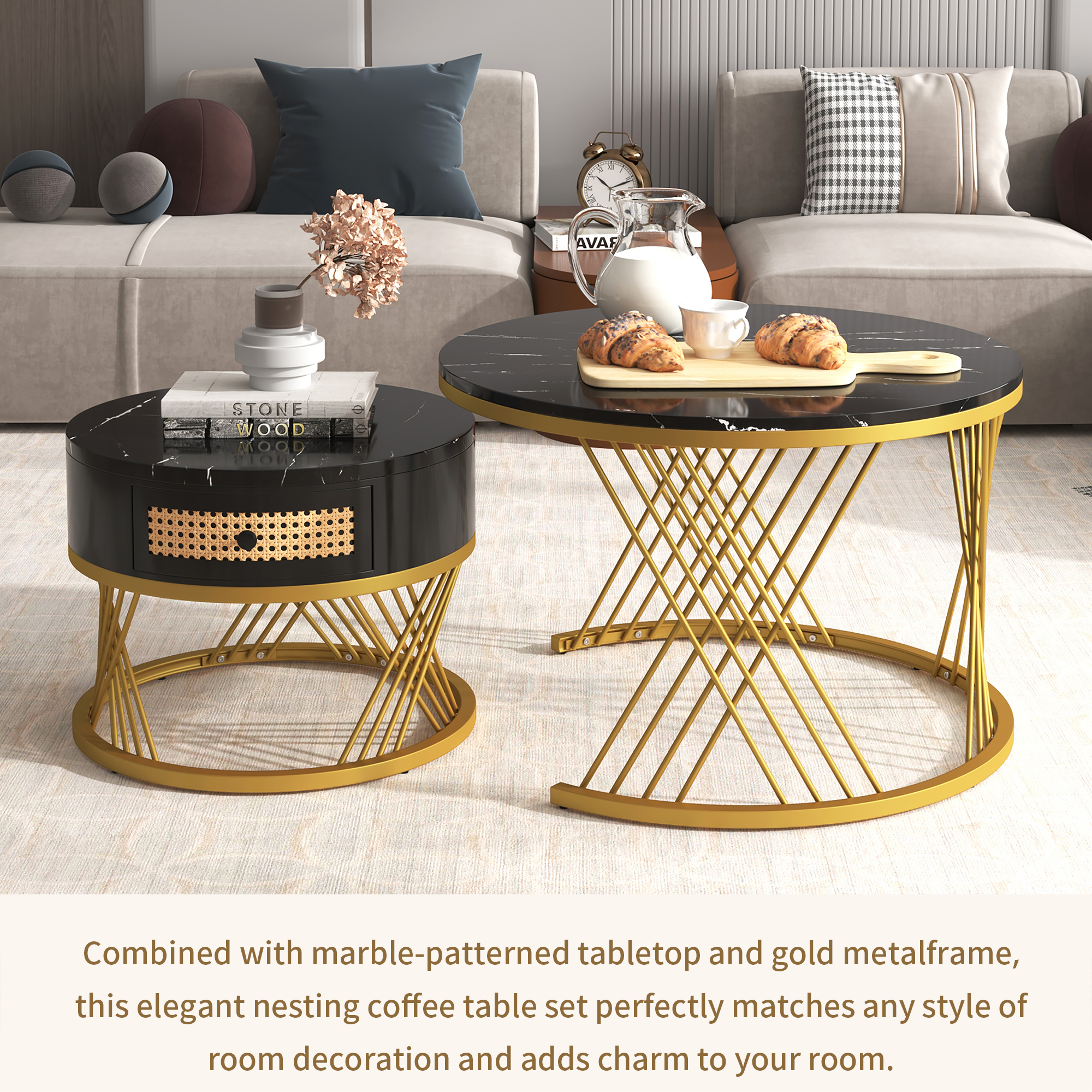 2Pcs Modern Nesting Coffee Table 2-in-1 Detachable Table Set w/ Faux Marble Top - Picture 5 of 48