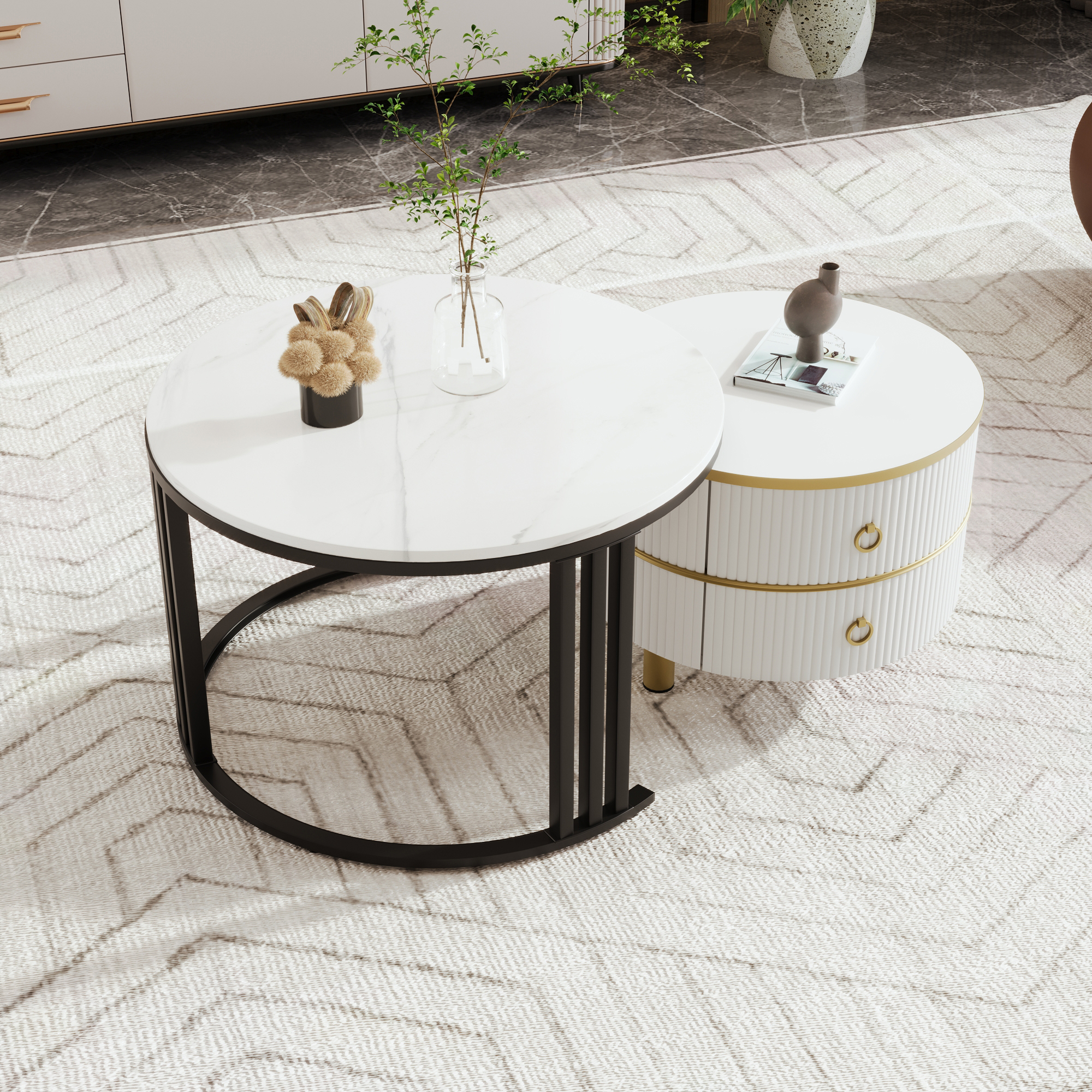 2Pcs Modern Nesting Coffee Table 2-in-1 Detachable Table Set w/ Faux Marble Top - Picture 46 of 48