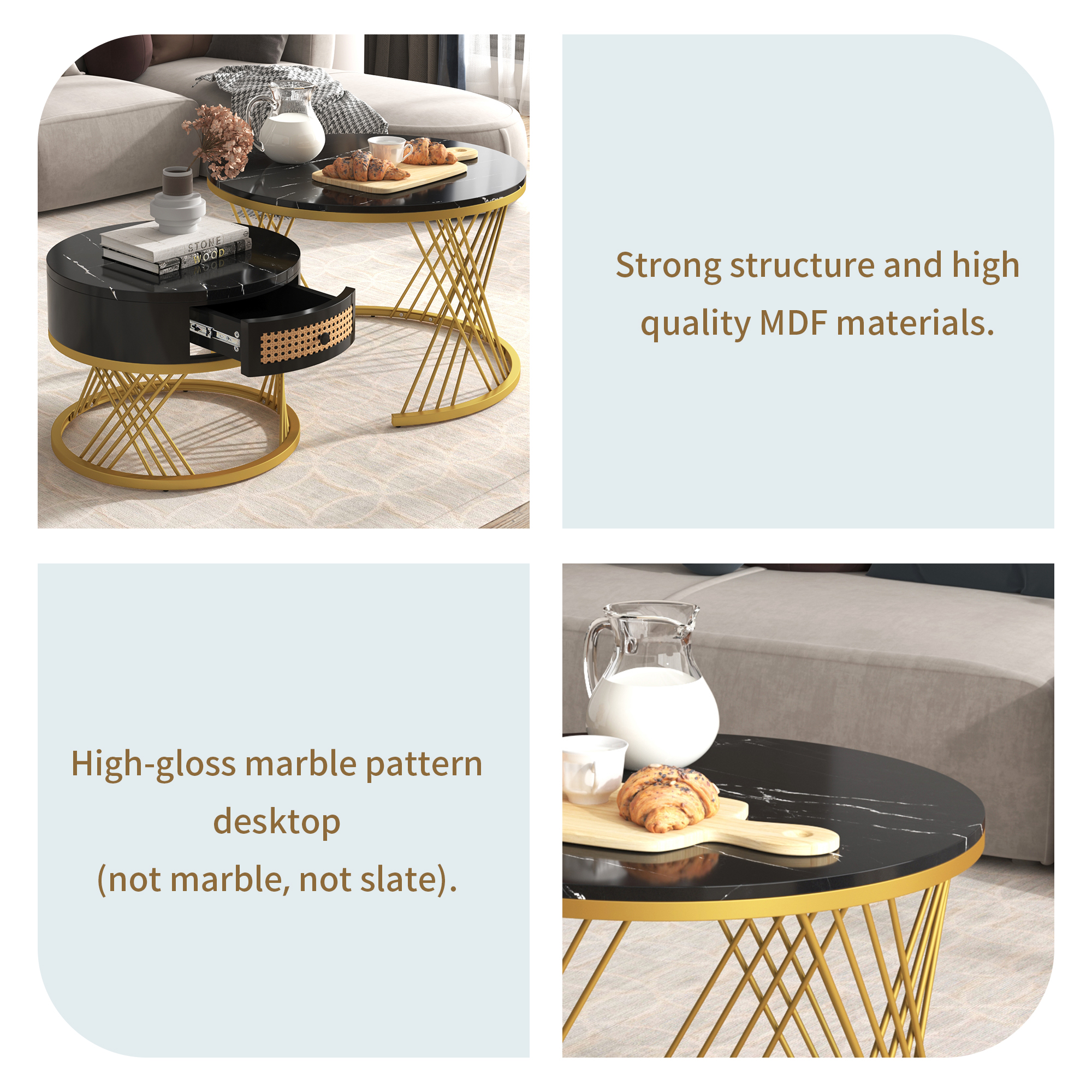 2Pcs Modern Nesting Coffee Table 2-in-1 Detachable Table Set w/ Faux Marble Top - Picture 7 of 48