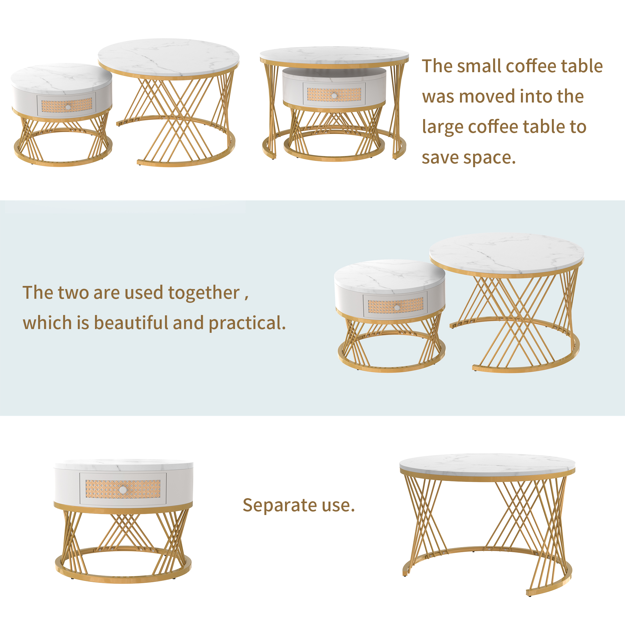 2Pcs Modern Nesting Coffee Table 2-in-1 Detachable Table Set w/ Faux Marble Top - Picture 19 of 48