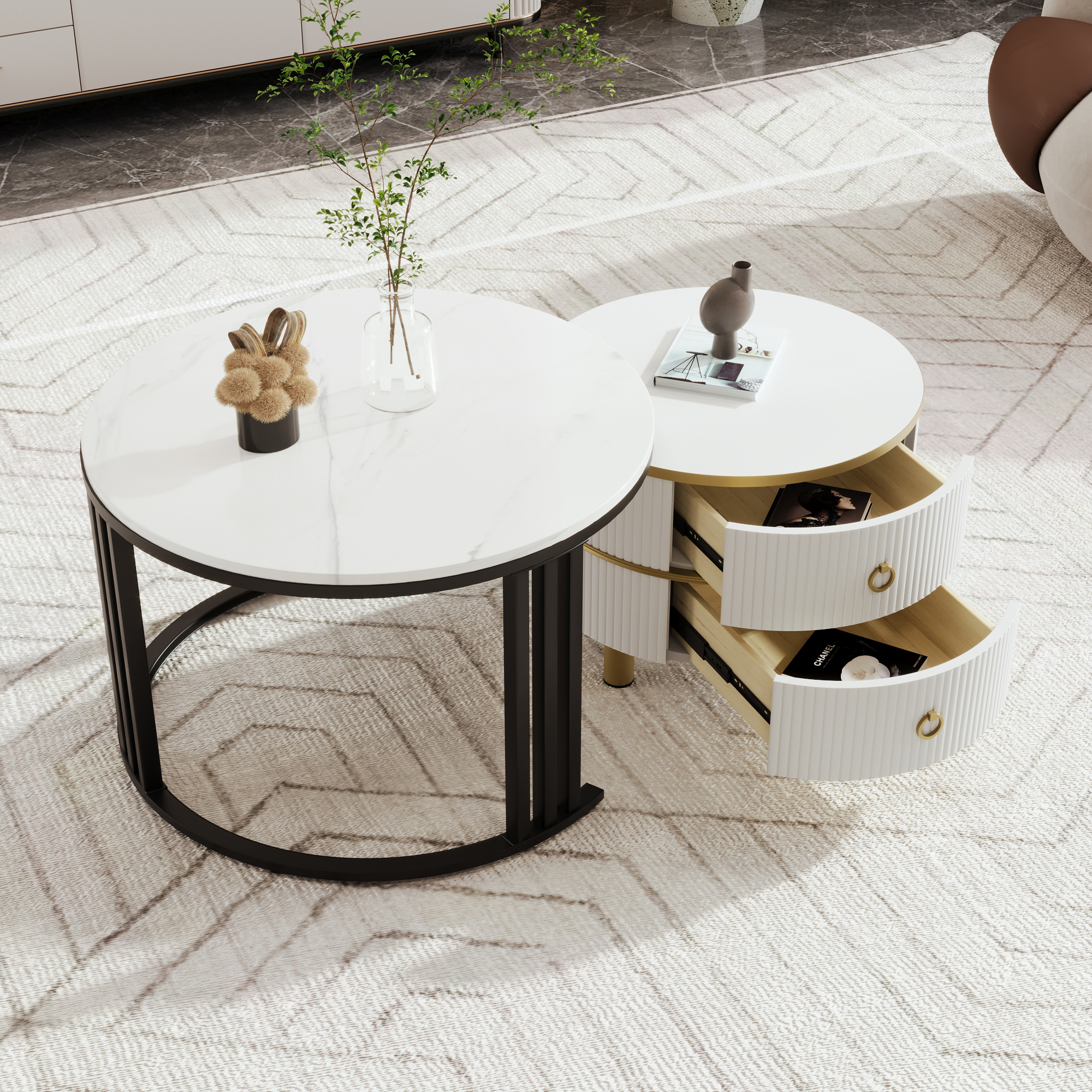 2Pcs Modern Nesting Coffee Table 2-in-1 Detachable Table Set w/ Faux Marble Top - Picture 38 of 48
