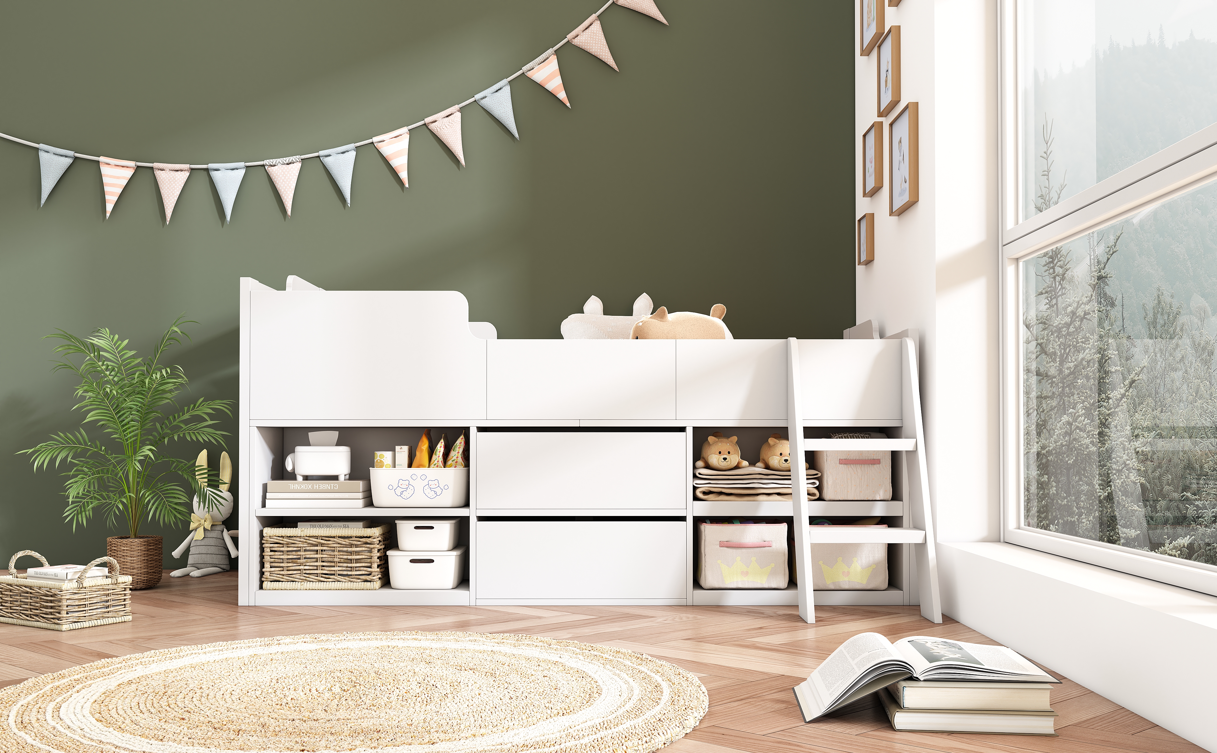 Kids Wooden Cabin Bed Mid Sleeper Bed Frame Storage Bed with Drawers and Shelves - Picture 14 of 26